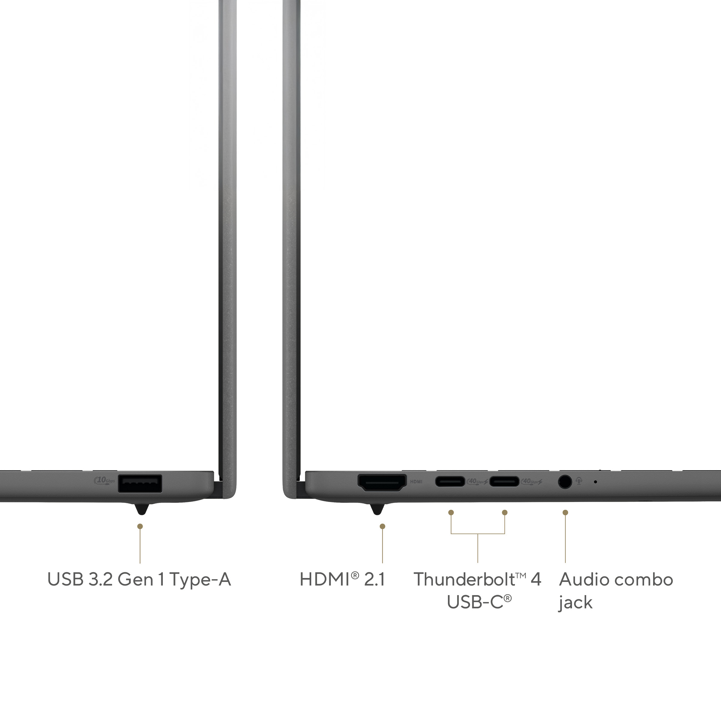 Primer plano de los puertos del portátil. Etiquetas: USB 3.2, HDMI 2.1, Thunderbolt USB-C, Conector combinado de audio.