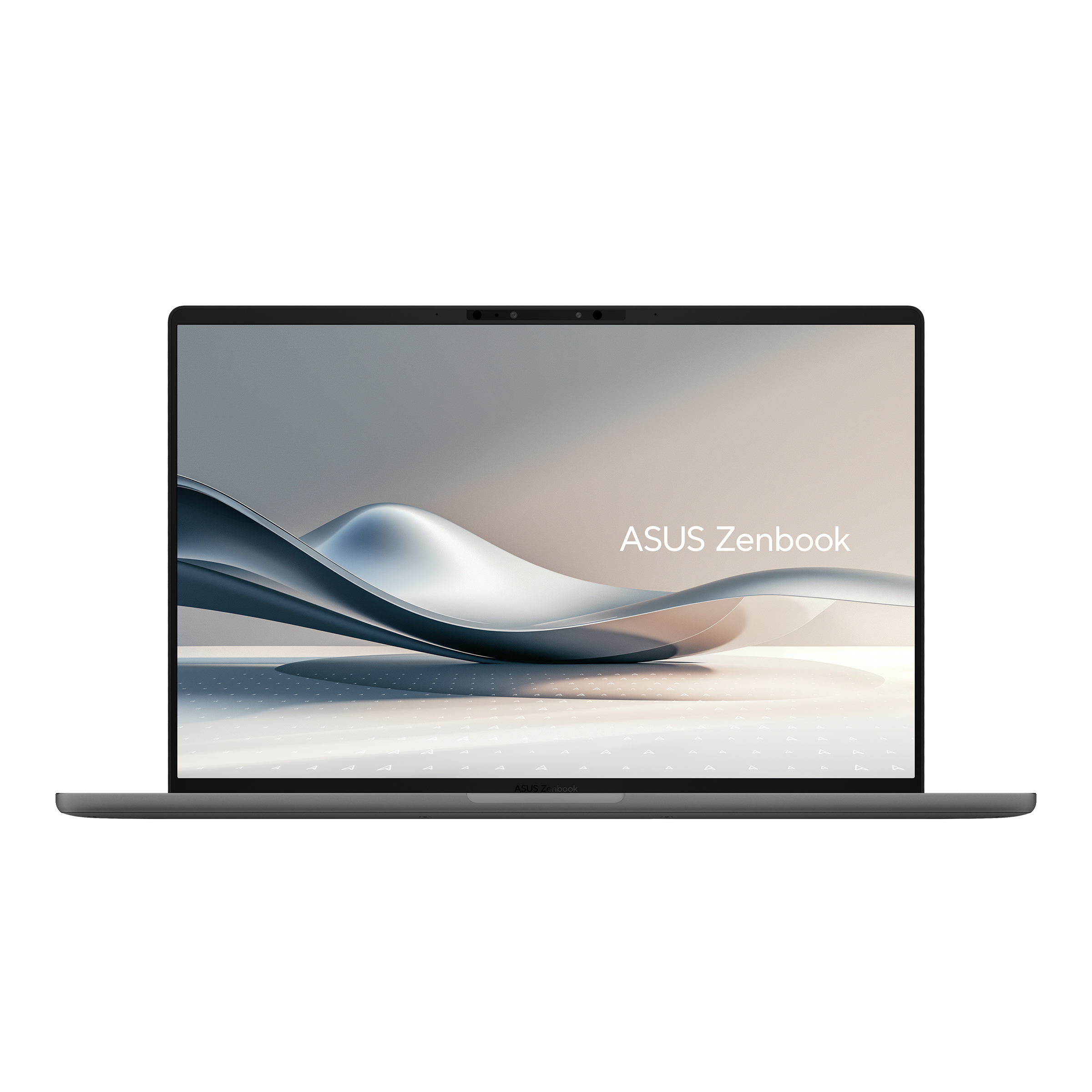 Portátil gris ASUS Zenbook sobre blanco, la pantalla muestra una imagen abstracta. Está abierto con teclado.