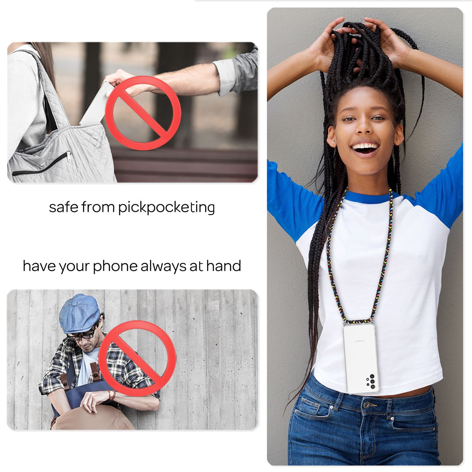 Eine Frau mit Telefon an einem Lanyard und zwei Bilder mit rotem Kreis und Linie durch sie hindurch.
