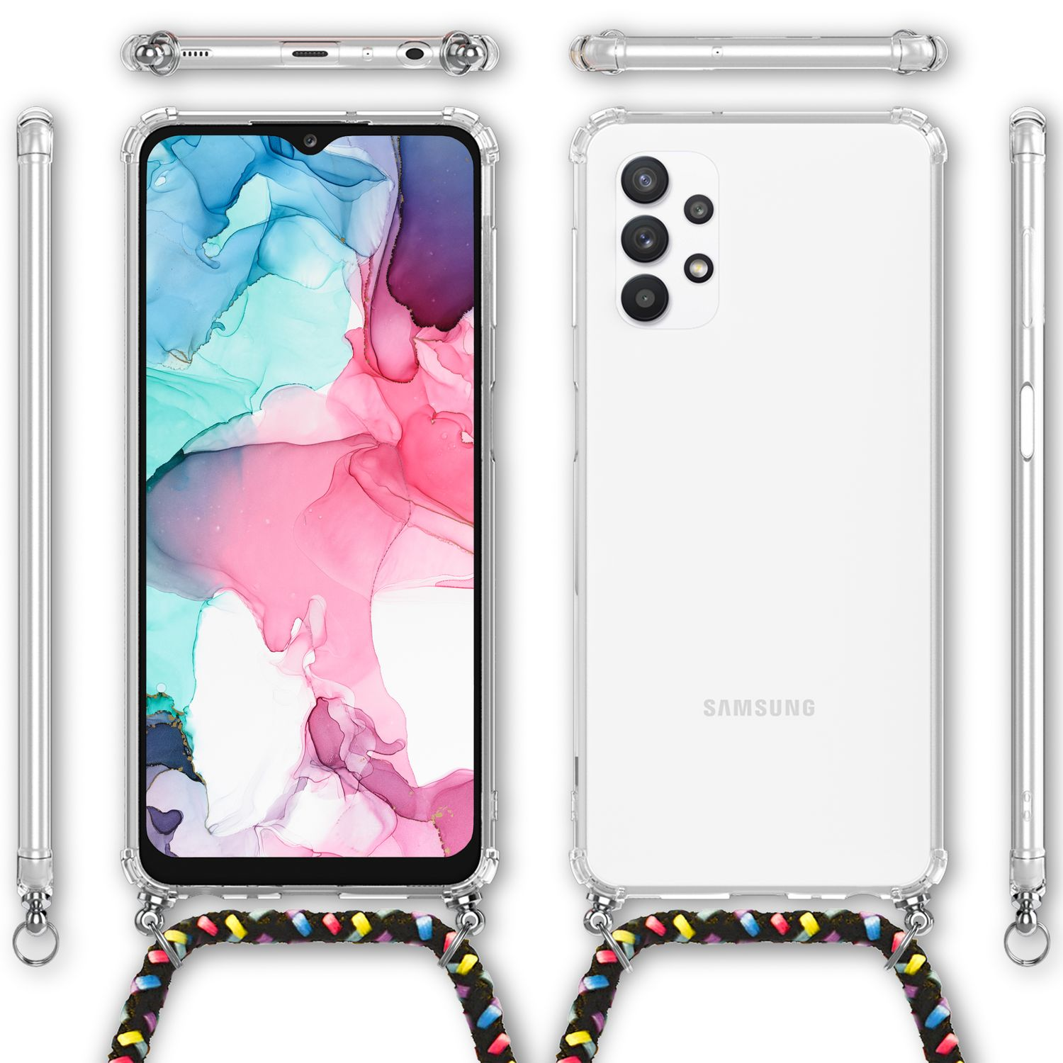 Zwei Telefone mit transparenten Hüllen, eines zeigt das Innendesign, das andere die Rückseite.