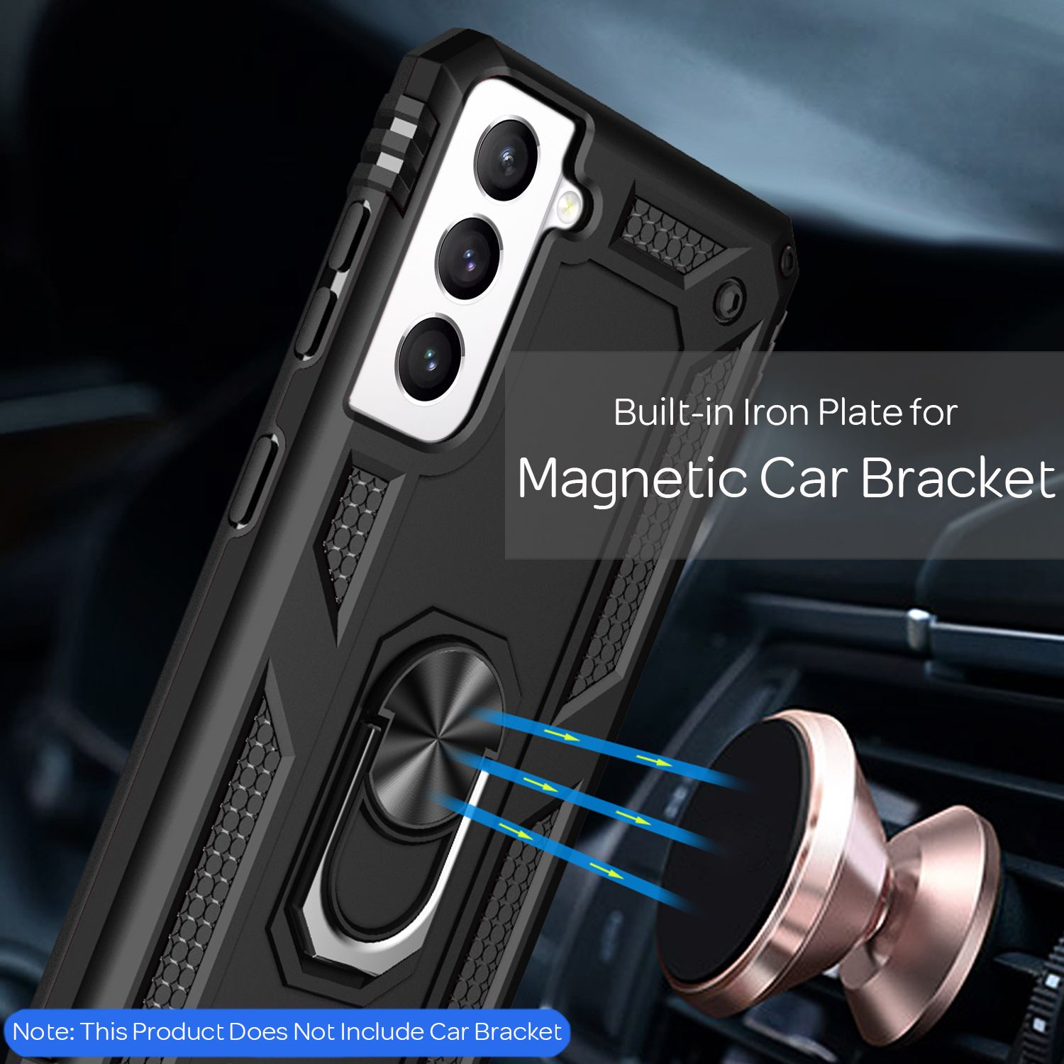 Una custodia per telefono con un supporto magnetico per auto, con un supporto e un cruscotto.
