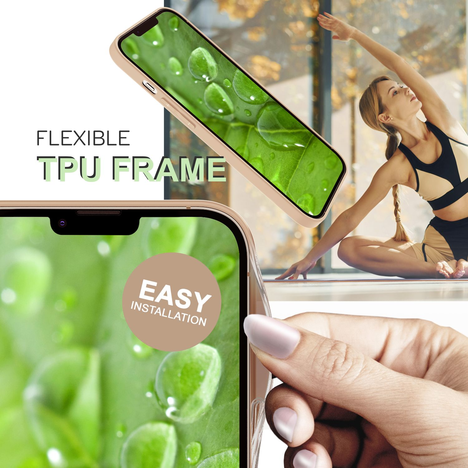 Funda de teléfono y mujer haciendo yoga. La funda muestra una imagen de hoja verde.