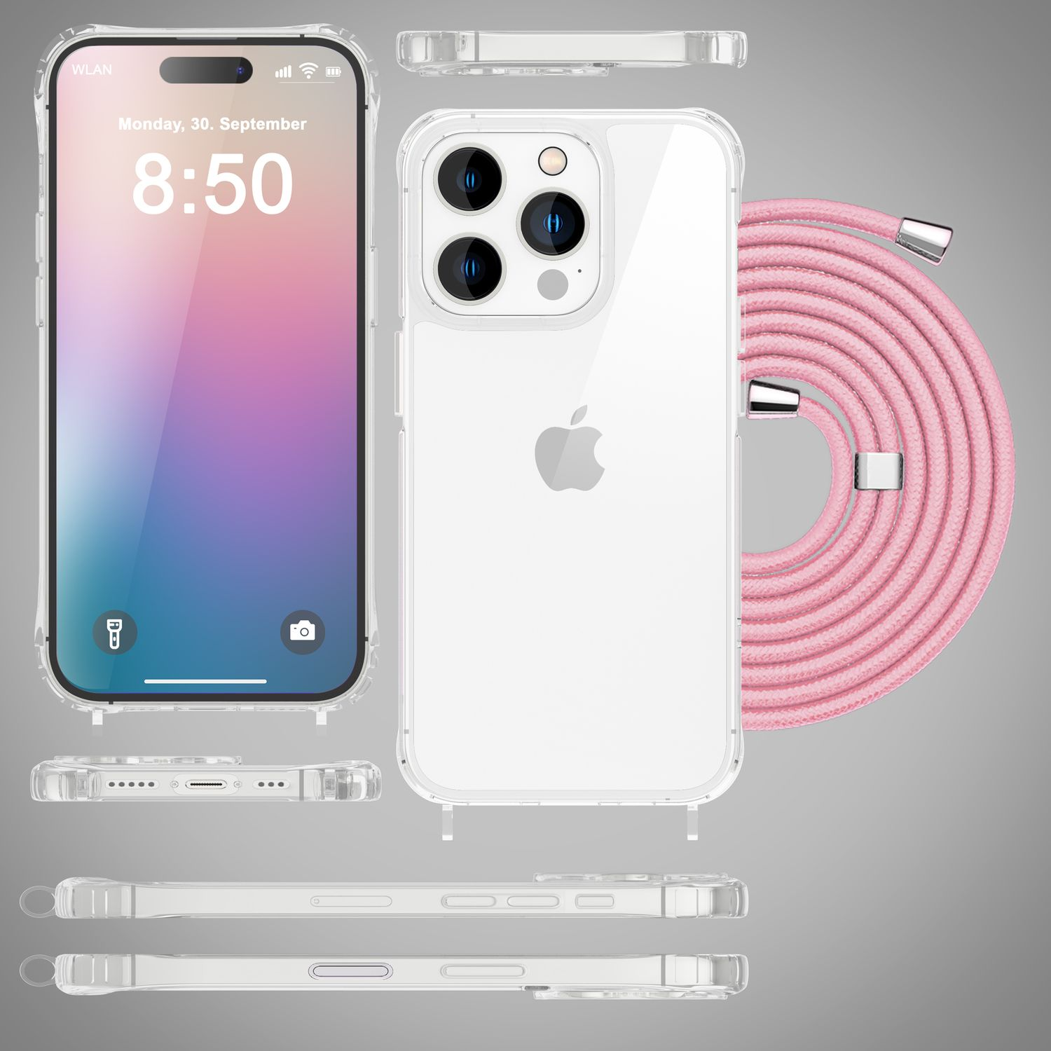 Custodia per telefono con telefono e cinturino rosa. Vengono visualizzate più viste della custodia.
