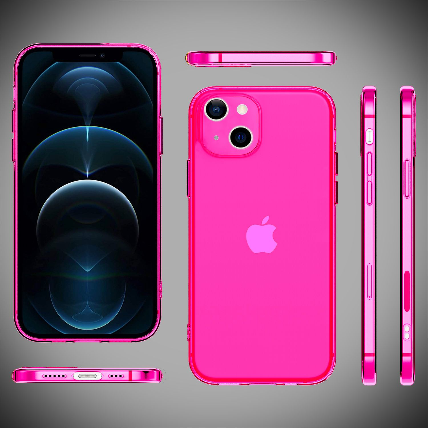 Custodia rosa con schermo rosa, mostra fronte, retro e lati. Il logo Apple è visibile sul retro.