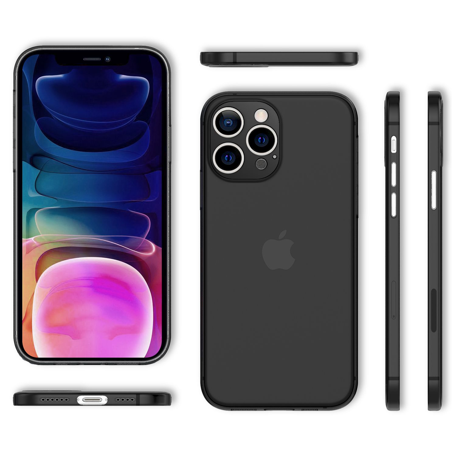 Schwarze Handyhülle mit drei Kameralinsen, Apple-Logo und Seitenansichten, isoliert auf Weiß.
