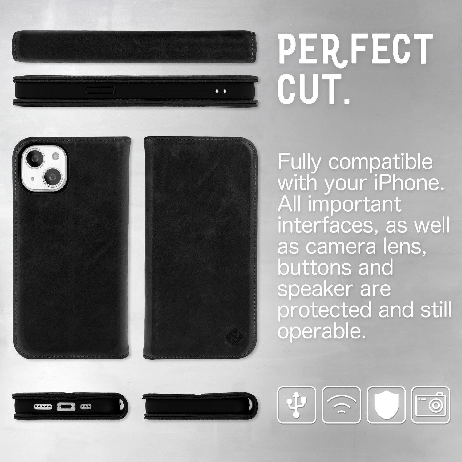Funda de cuero negra para teléfono, abierta y cerrada, con texto sobre compatibilidad y protección.