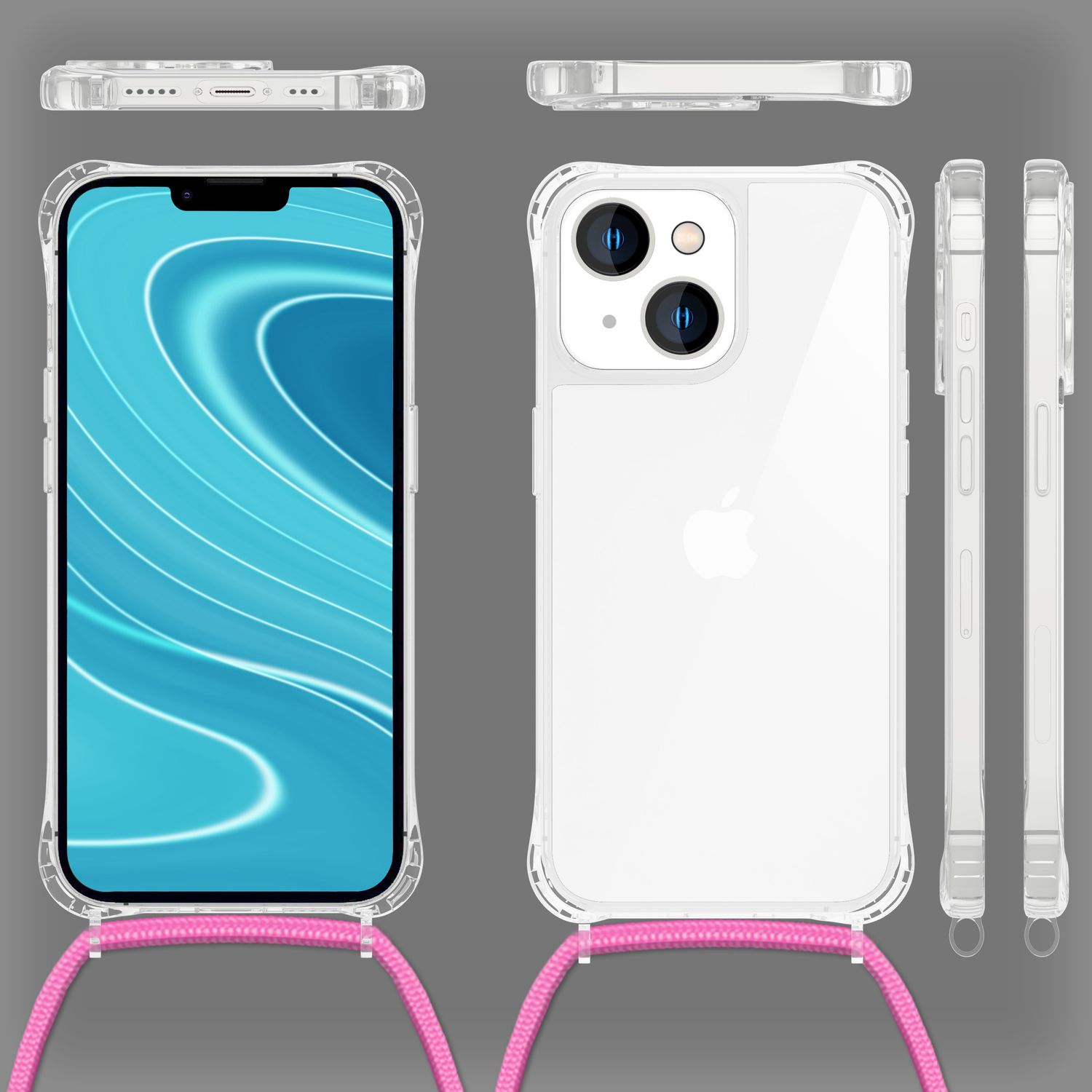 Funda de teléfono transparente con correa rosa, mostrando un teléfono con pantalla azul.