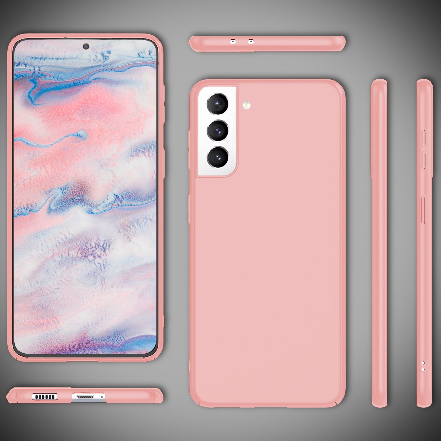 Custodia rosa per telefono con telefono, viste multiple. Telefono e custodia mostrati da diverse angolazioni.