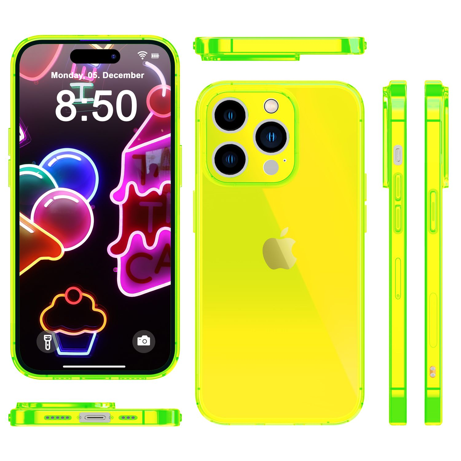 Gelbe iPhone-Hülle mit neongrünen Akzenten. Bildschirm zeigt Grafik. Verschiedene Hüllenansichten.