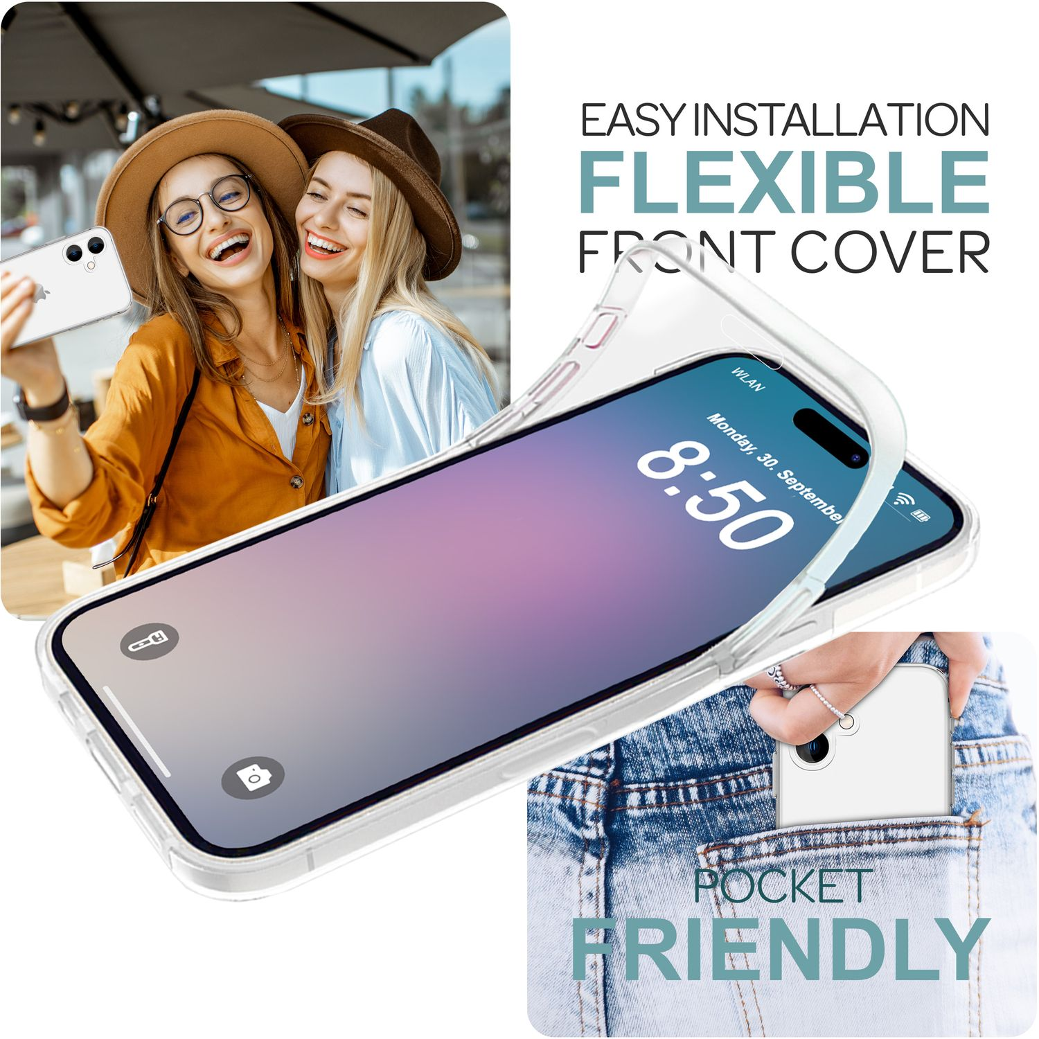 Zwei Frauen machen ein Selfie. Eine transparente Handyhülle wird auf einem Telefon angebracht. Das Telefon ist in einer Tasche.