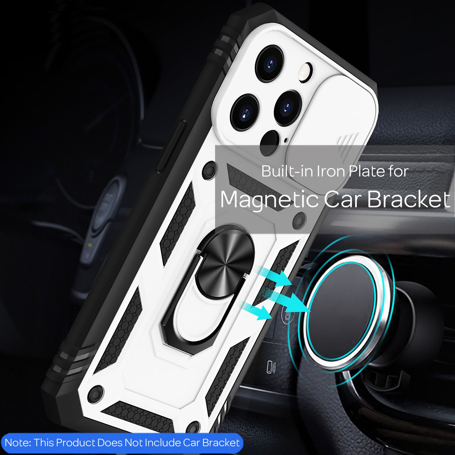 Handyhülle mit magnetischer Autohalterung. Die Halterung ist befestigt, die Hülle ist weiß und schwarz.