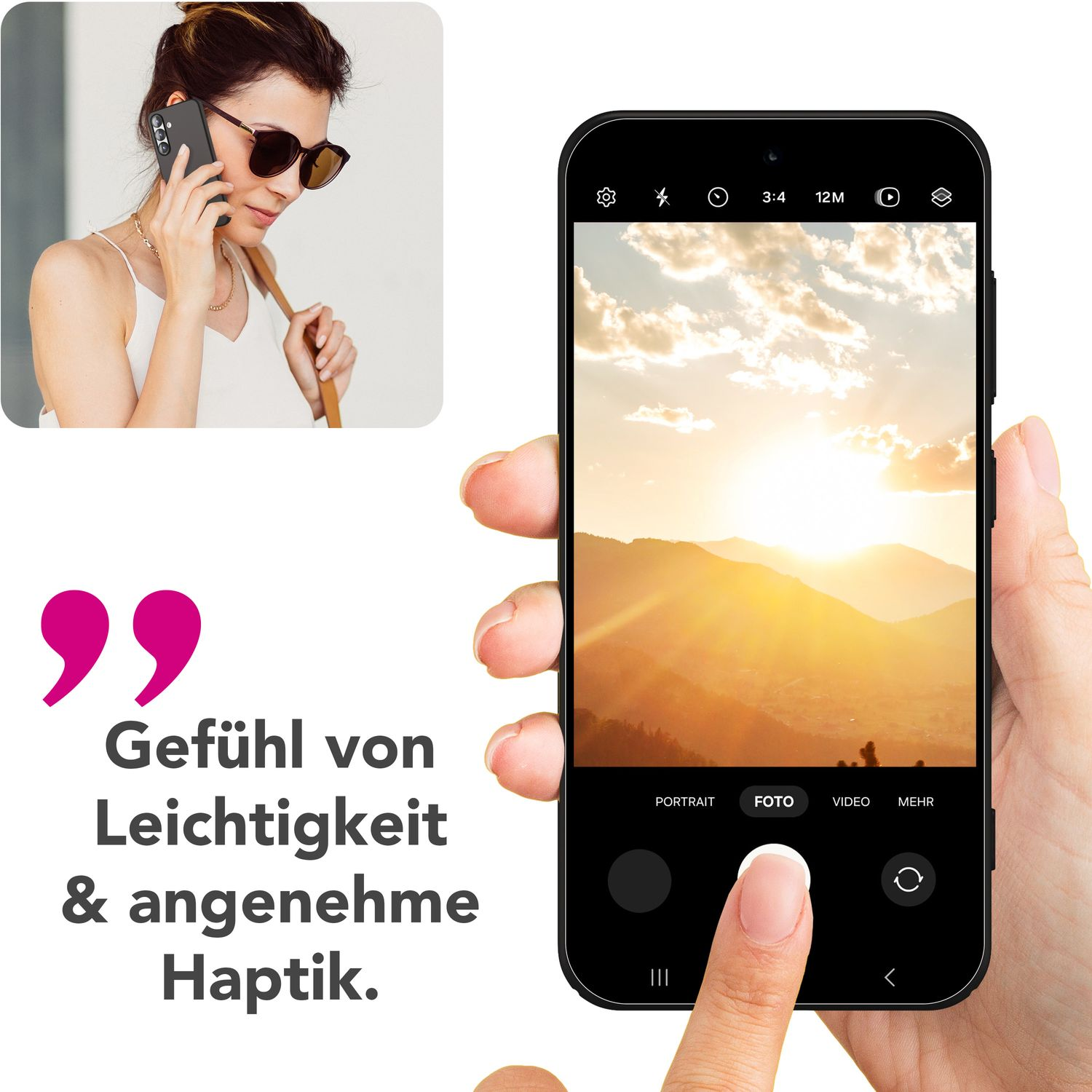 Frau telefoniert, Handybildschirm mit Sonnenuntergang. Text: Gefühl von Leichtigkeit & angenehme Haptik.