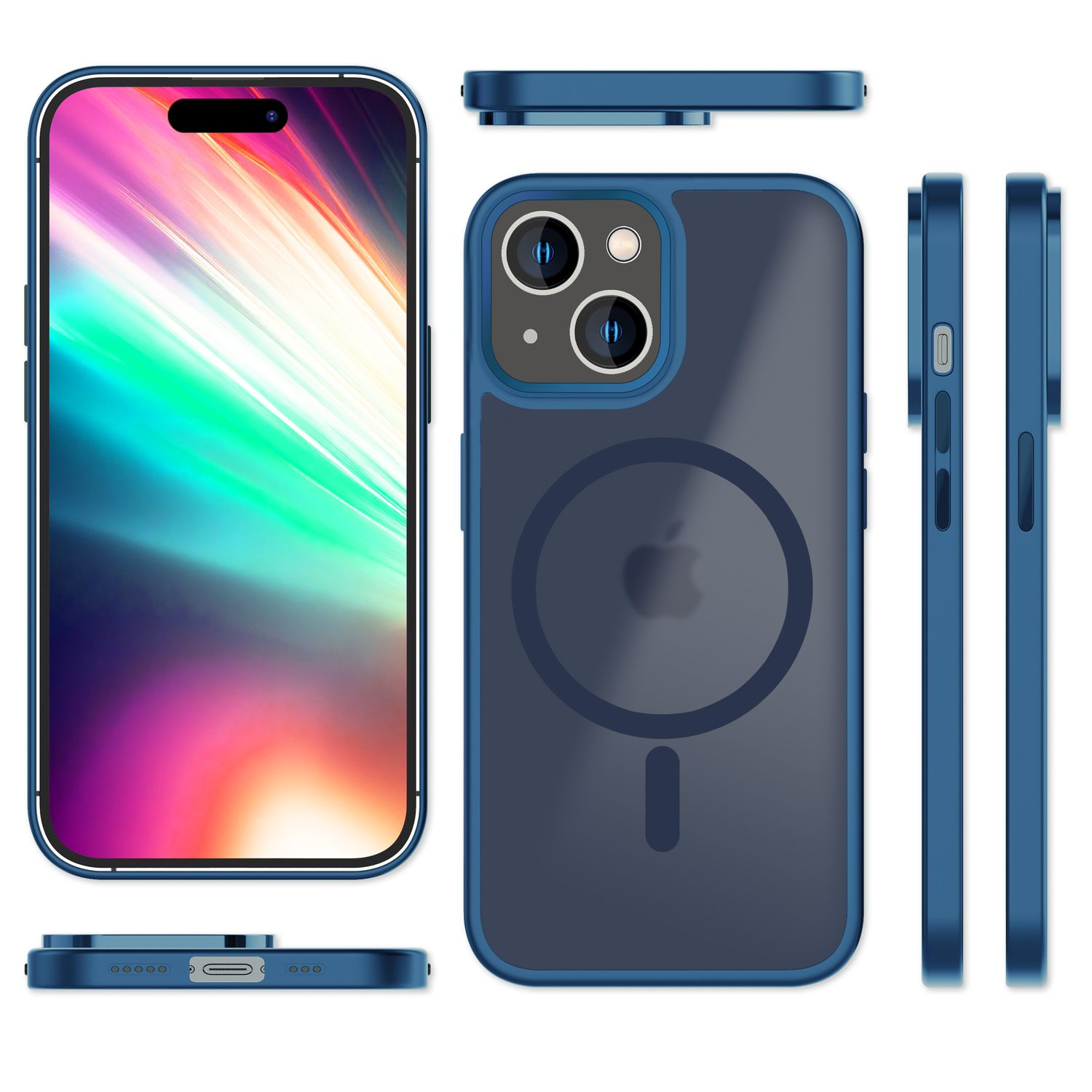 Blaue Handyhülle mit MagSafe-Ring und Telefon. Mehrere Winkel.