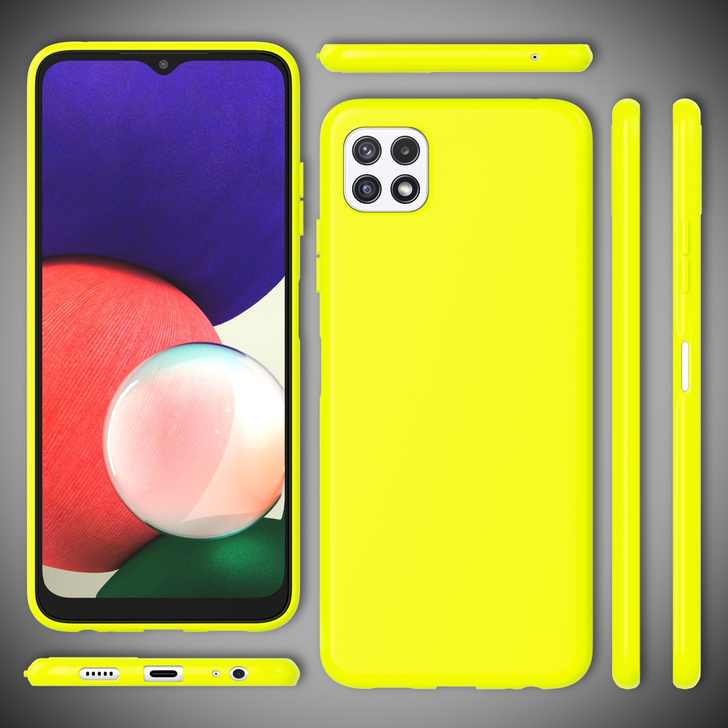 Gelbe Handyhülle, die die Vorder-, Rück- und Seiten der Handyhülle zeigt.