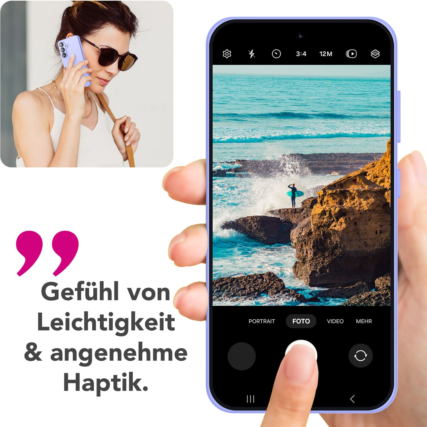 Eine Frau benutzt eine Handyhülle mit einem Telefon, das die Kameraschnittstelle zeigt. Text auf Deutsch ist auch sichtbar.