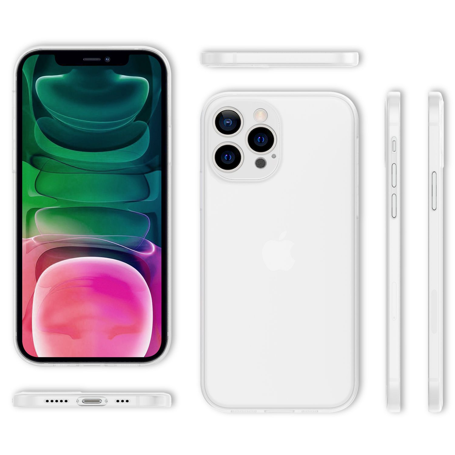 Weiße Handyhülle, zeigt Vorder-, Rück- und Seiten. Apple-Logo sichtbar.