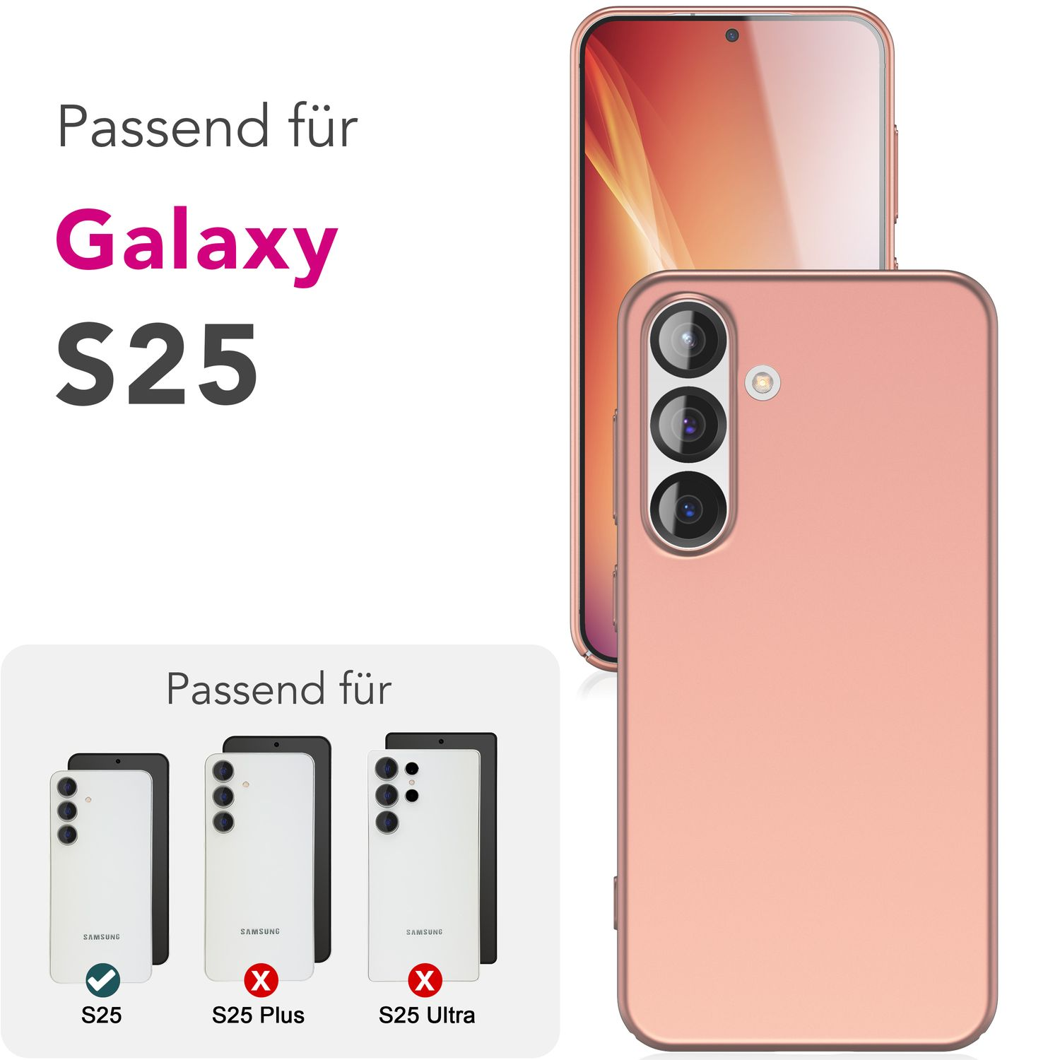 Rosa Handyhülle und Telefon, dargestellt mit dem Galaxy S25. Verschiedene Telefonmodelle.