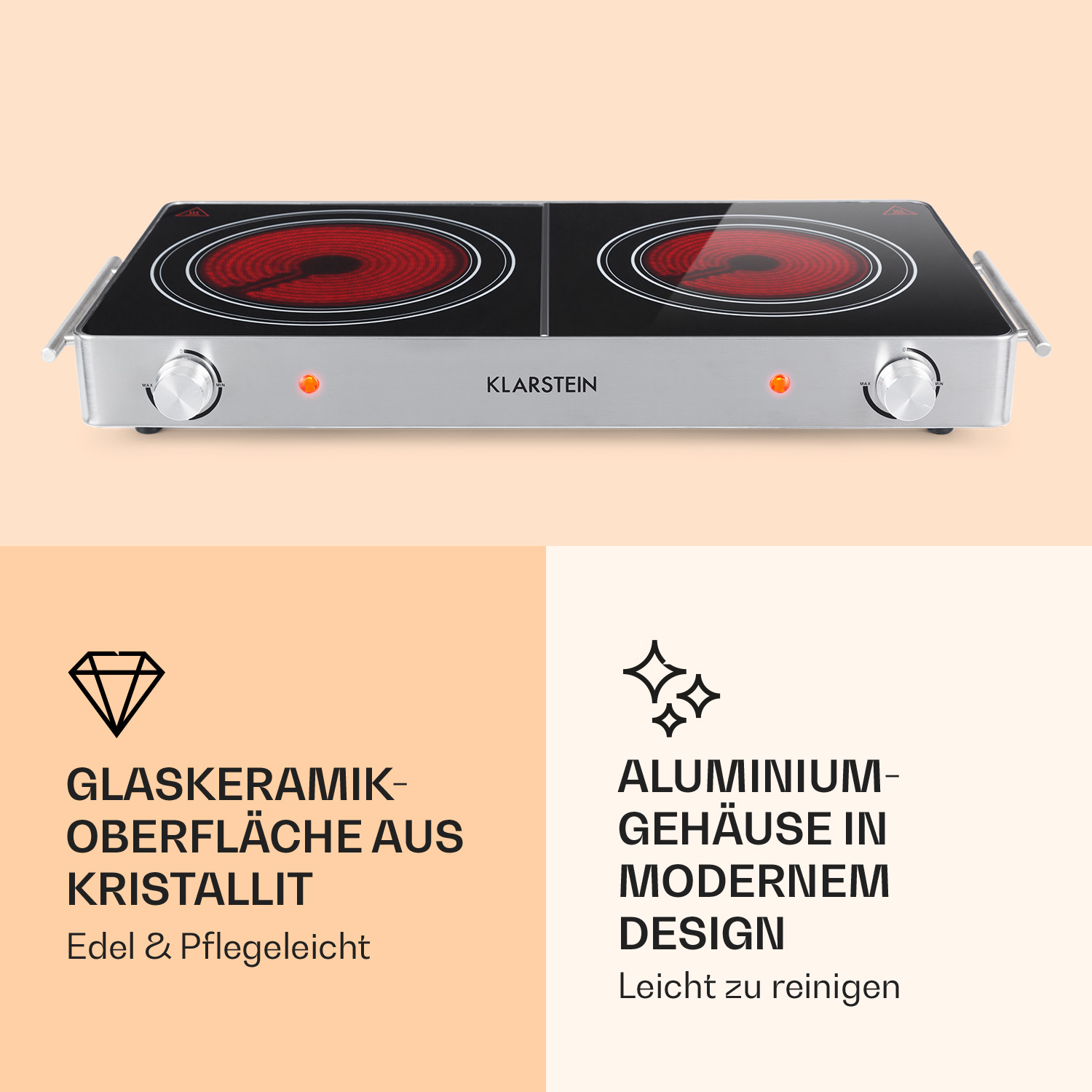 Elektrisches Kochfeld mit zwei Kochfeldern. Text: Glaskeramik-Oberfläche, Aluminiumgehäuse im modernen Design.