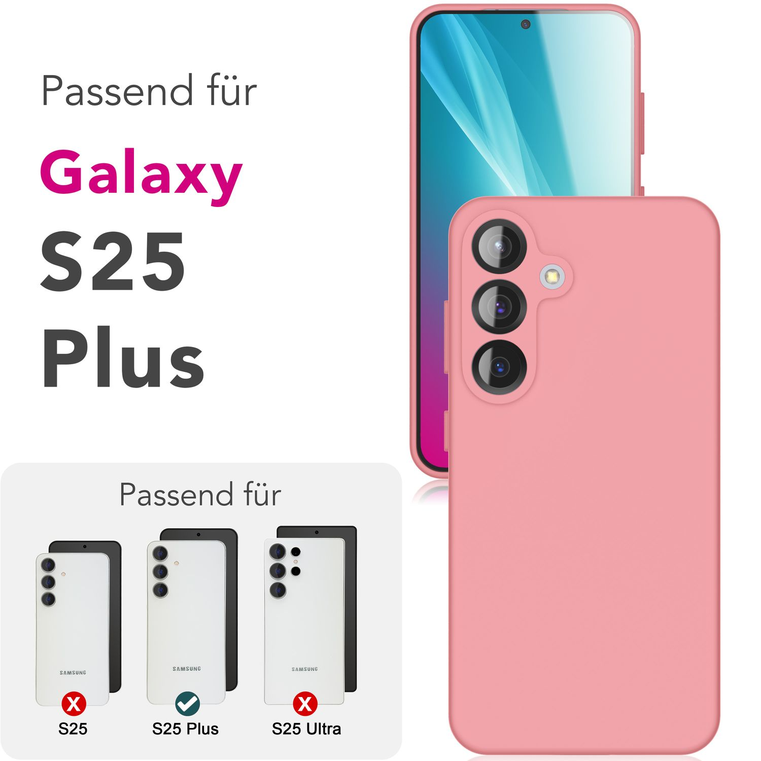 Rosa Handyhülle mit Telefon. Text zeigt, dass es für Samsung Galaxy S25 Plus passt.