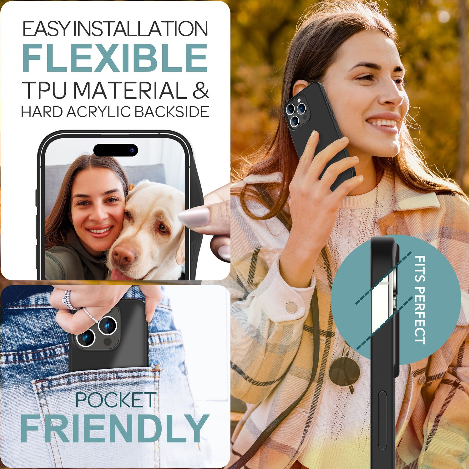 Frau hält ein Telefon in der Tasche. Handyhülle wird beworben. Zeigt flexibles TPU-Material und Acryl-Rückseite.