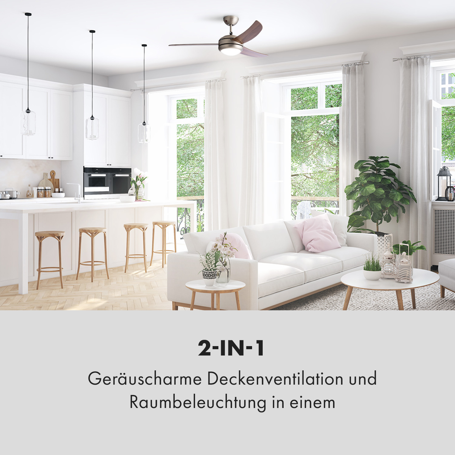 Cucina e soggiorno bianchi e luminosi. È visibile un ventilatore a soffitto. Testo: 2-IN-1, illuminazione.