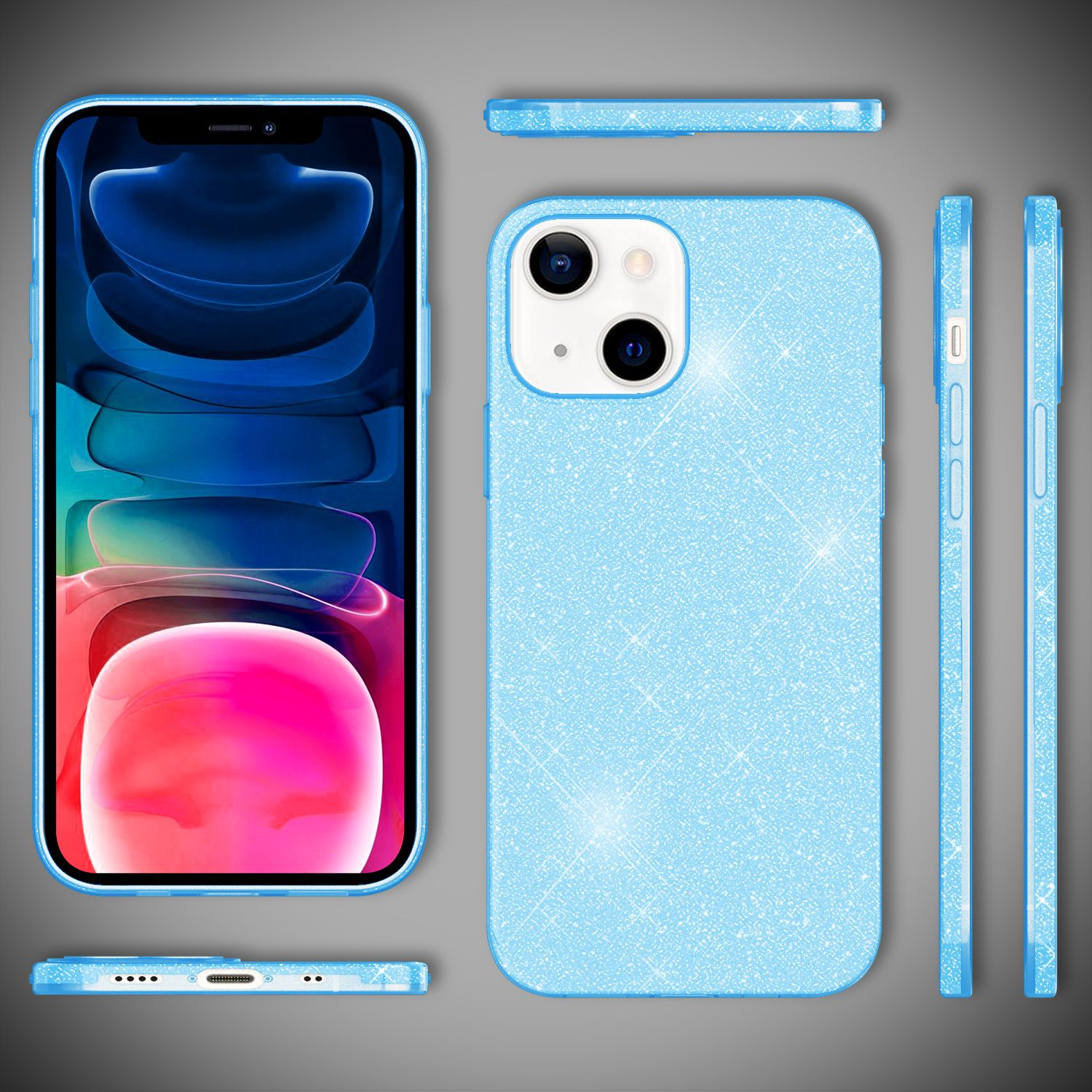 Custodia per telefono azzurra con glitter. Telefono a sinistra, custodia a destra, viste diverse.