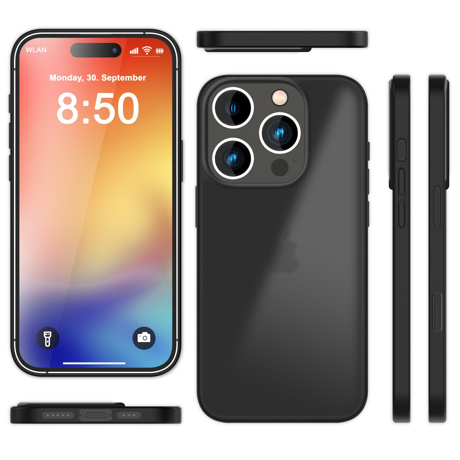 Schwarzes Telefon mit eingeschaltetem Bildschirm, mehrere Ansichten des Telefons und der Hülle.