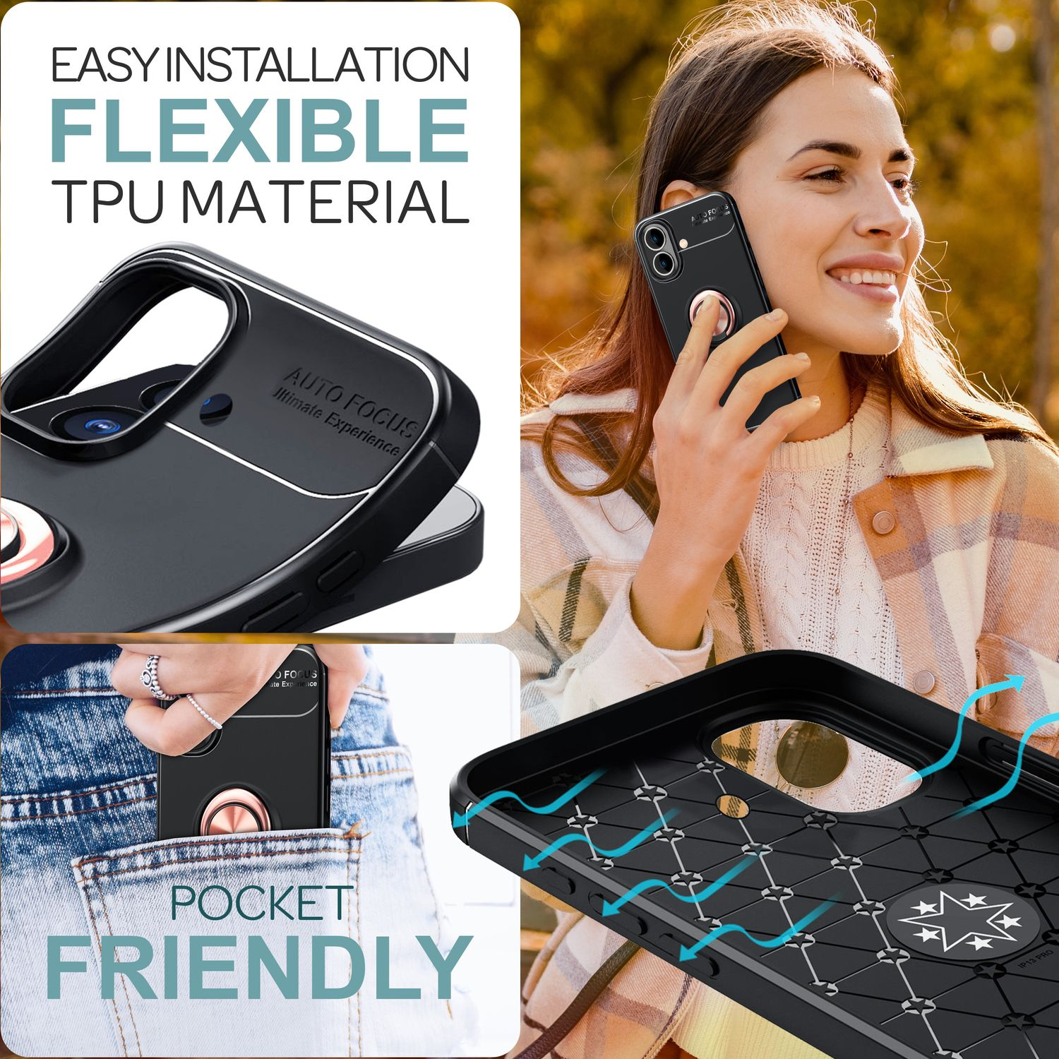 Frau benutzt ein Telefon mit Case. Das Case hat einen Ringhalter. Text: 'Pocket Friendly'.