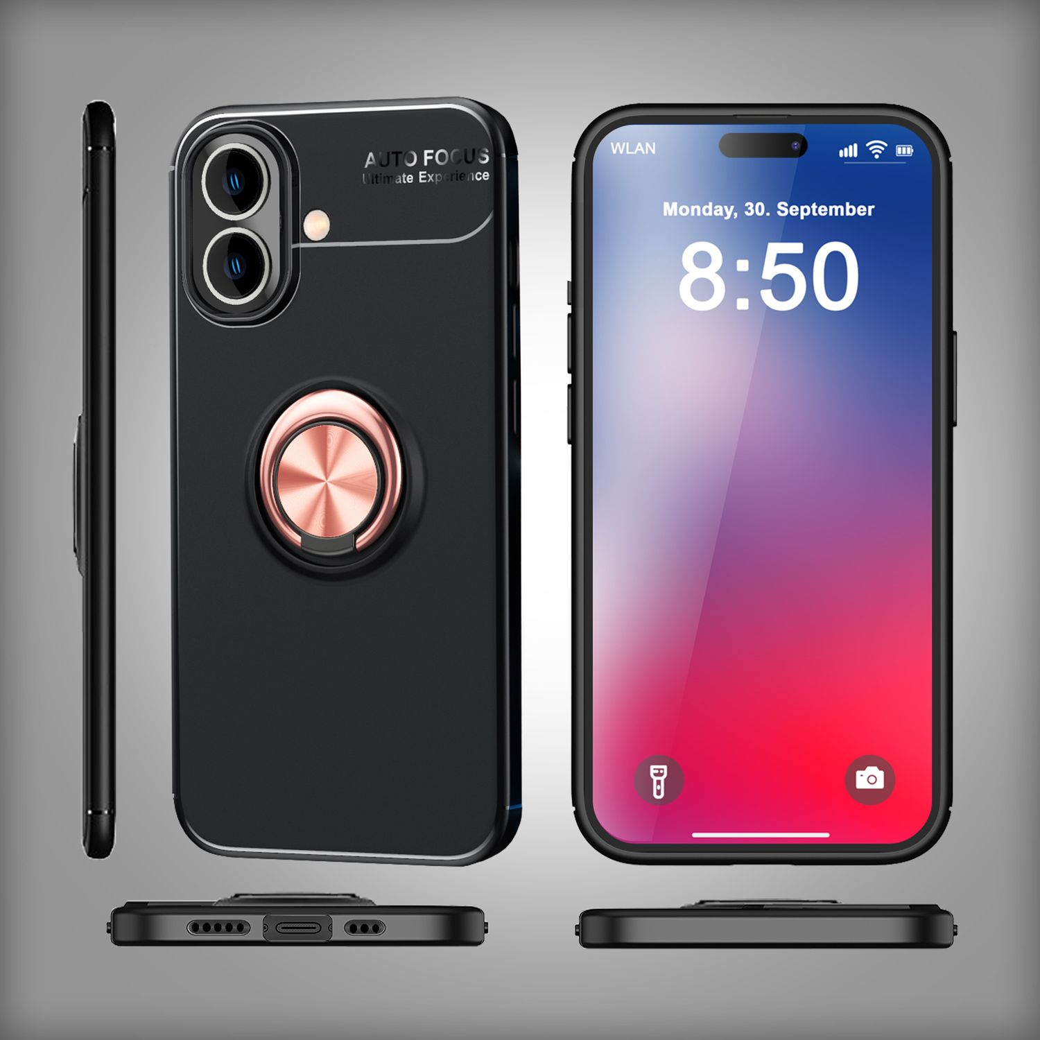 Schwarze Handyhülle mit Ringhalter. Telefon im Gehäuse, Seitenansicht. Zeit/Datum auf dem Telefon.