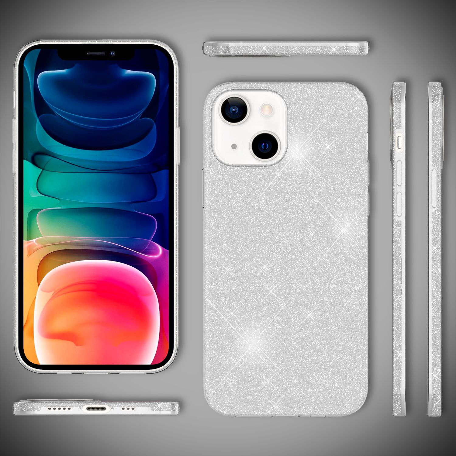 Custodia per telefono con glitter argentati, viste multiple. Viste interna, laterale e inferiore.