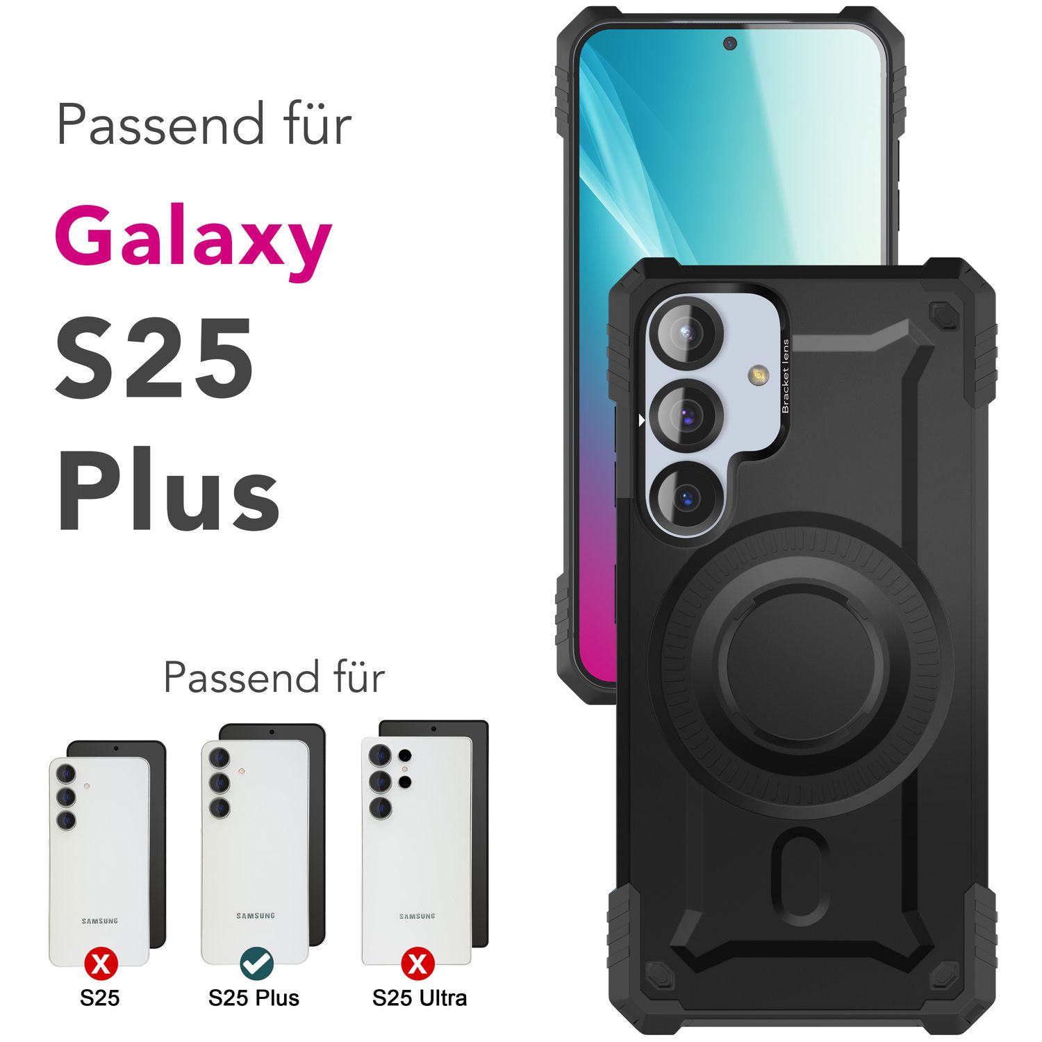 Schwarze Handyhülle auf einem Telefon. Text zur Telefonkompatibilität. Mehrere Telefonstile werden gezeigt.