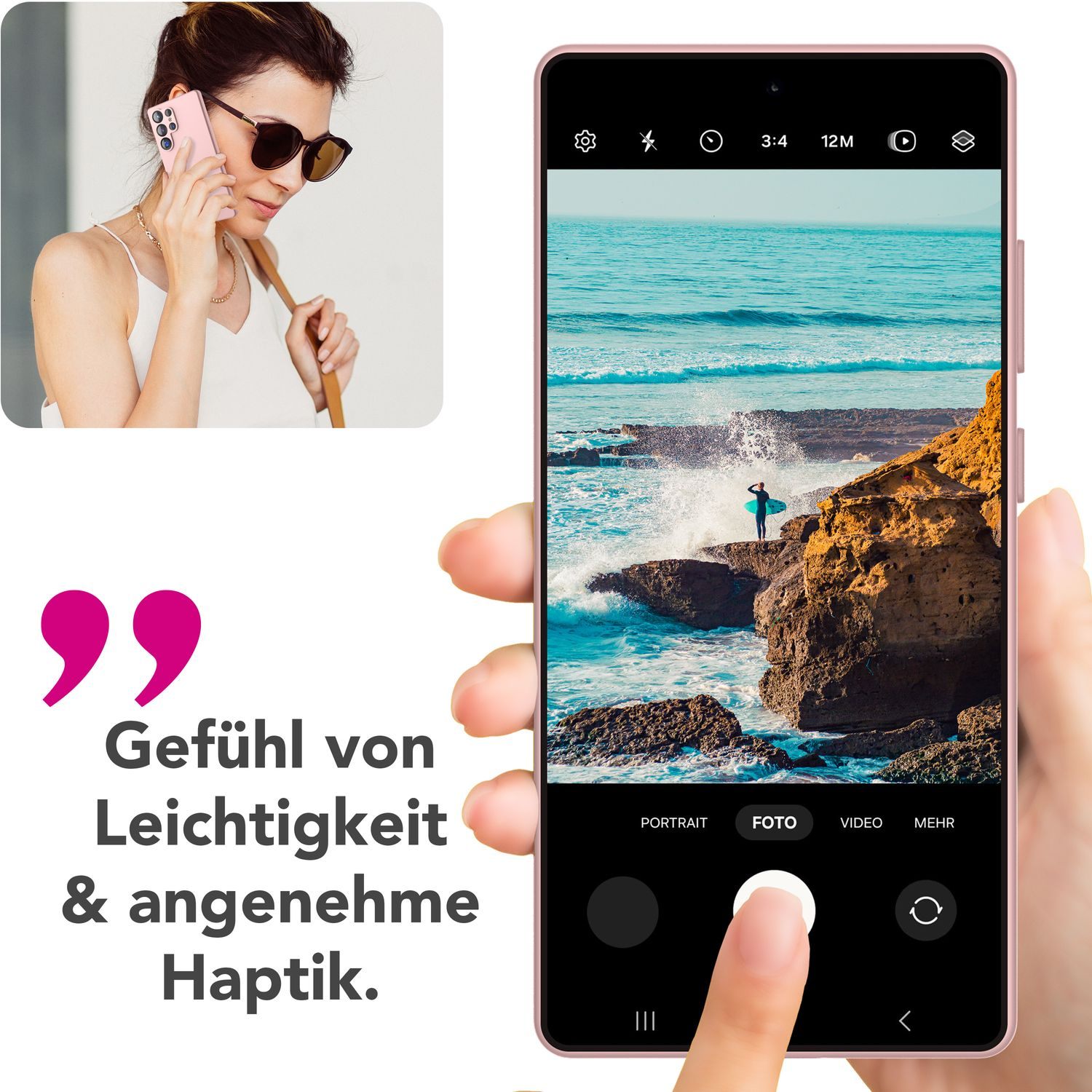 Eine Frau telefoniert mit einem Smartphone. Ein Foto auf dem Telefon zeigt eine Person am Strand.