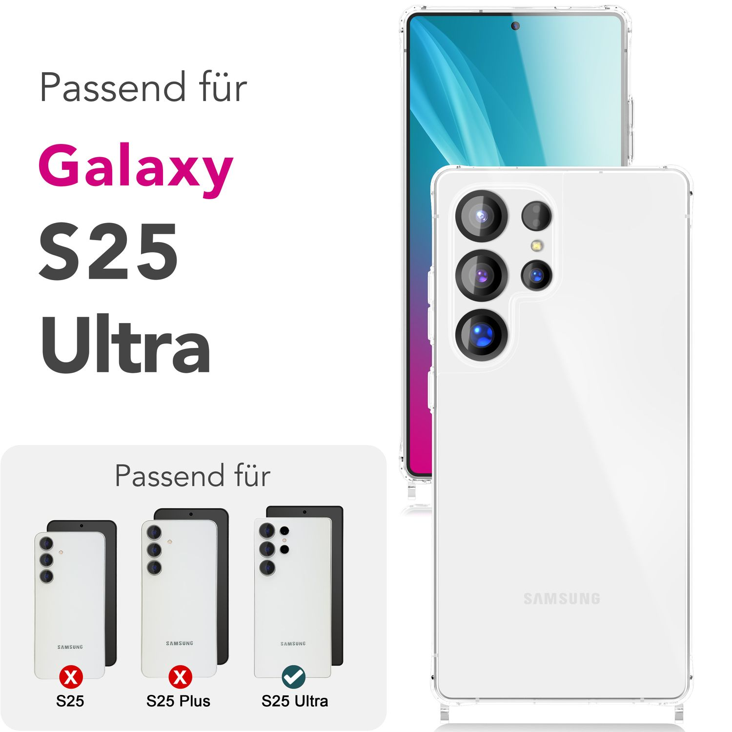 Eine Handyhülle, kompatibel mit Galaxy S25 Ultra, wird neben einem Telefon gezeigt.