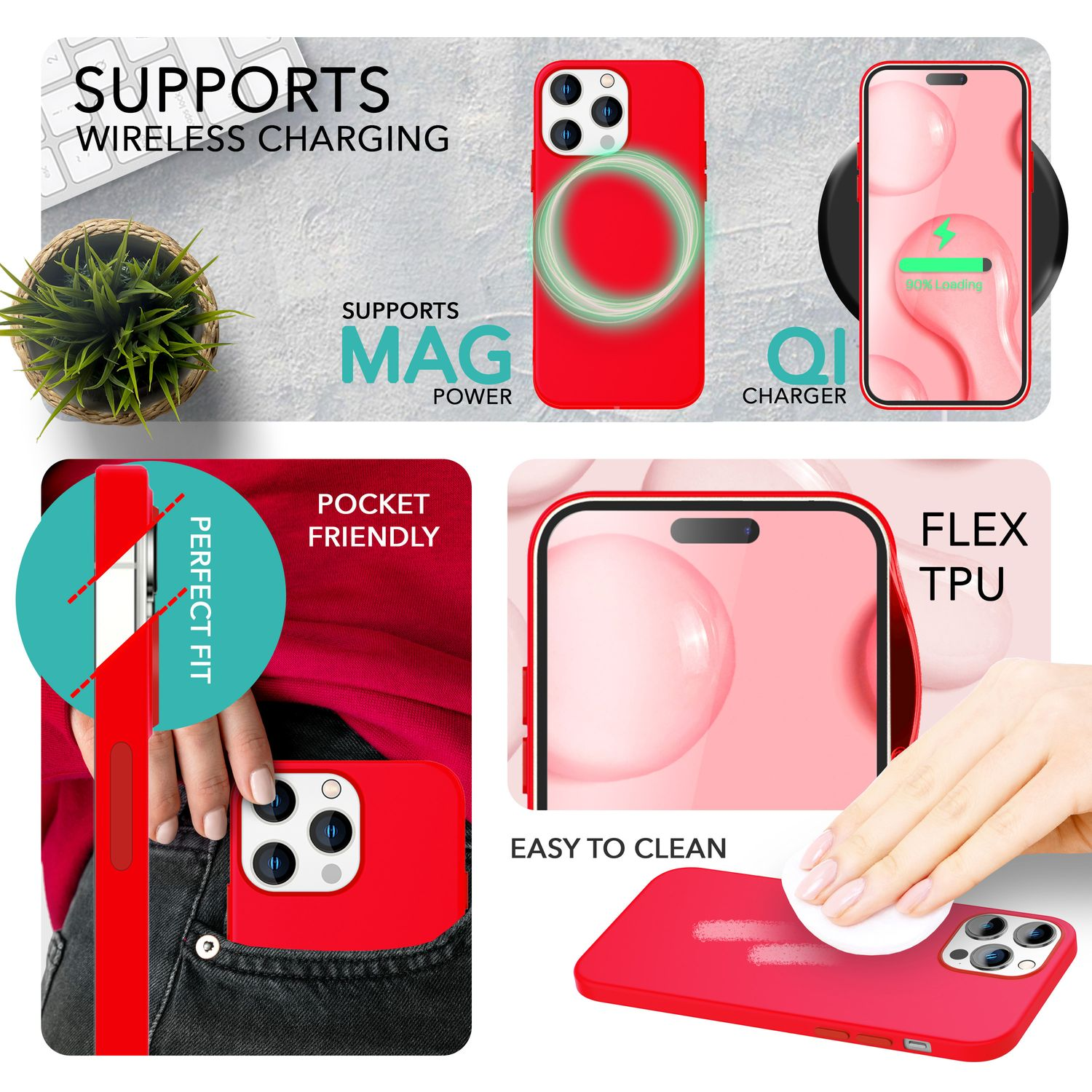 Bilder zeigen eine rote Handyhülle mit kabellosen Ladefunktionen, ein Telefon und eine Pflanze.