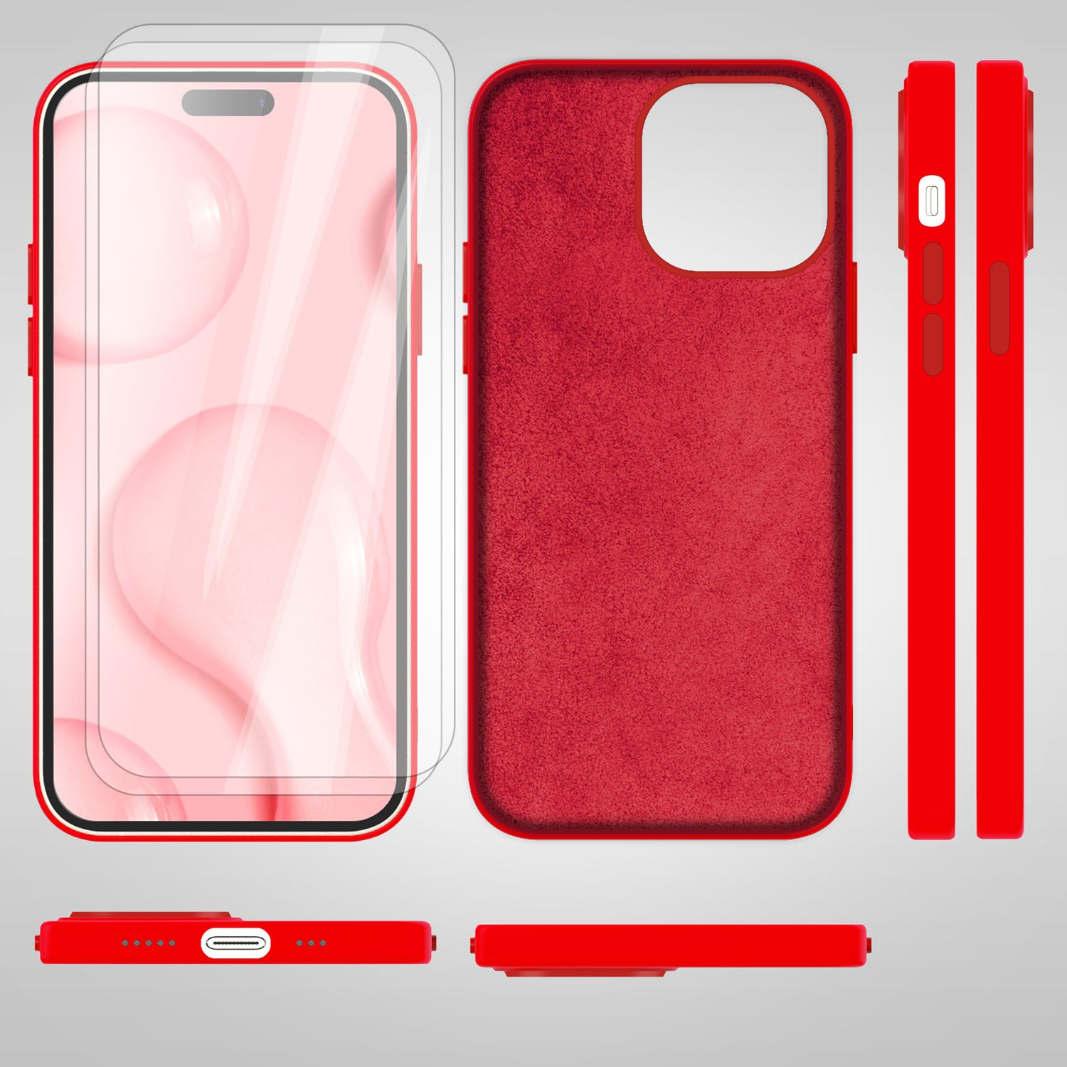Rotes Handyhüllen-Set. Enthält Hülle, Displayschutz und Seitenteile.