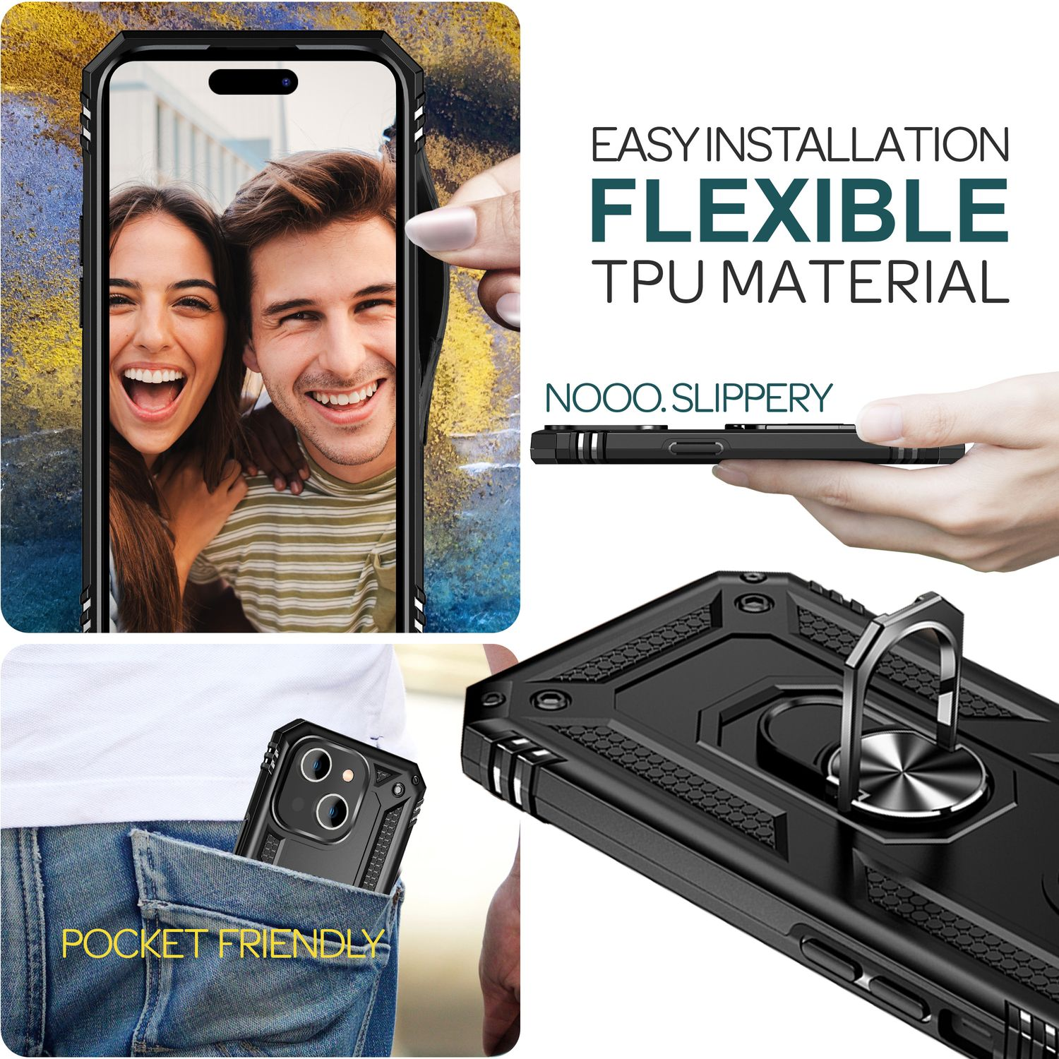 Funda de teléfono con foto, persona sosteniéndola y diseño de bolsillo. También, fácil instalación.
