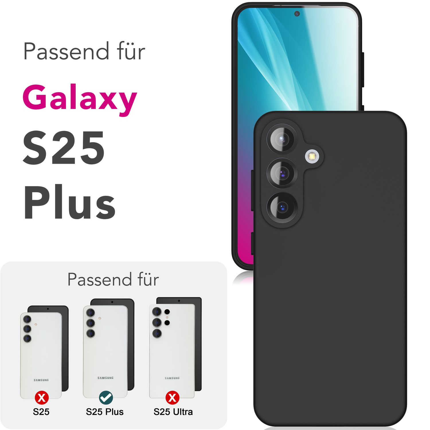 Eine schwarze Handyhülle neben einem Telefon. Text zeigt Kompatibilität mit Galaxy S25 Plus.