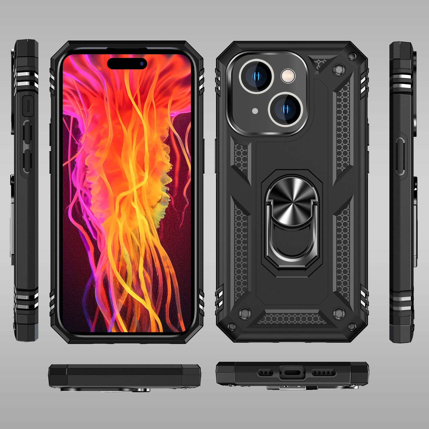 Una funda de teléfono negra con un soporte de anillo y detalles metálicos, se muestran diferentes vistas.