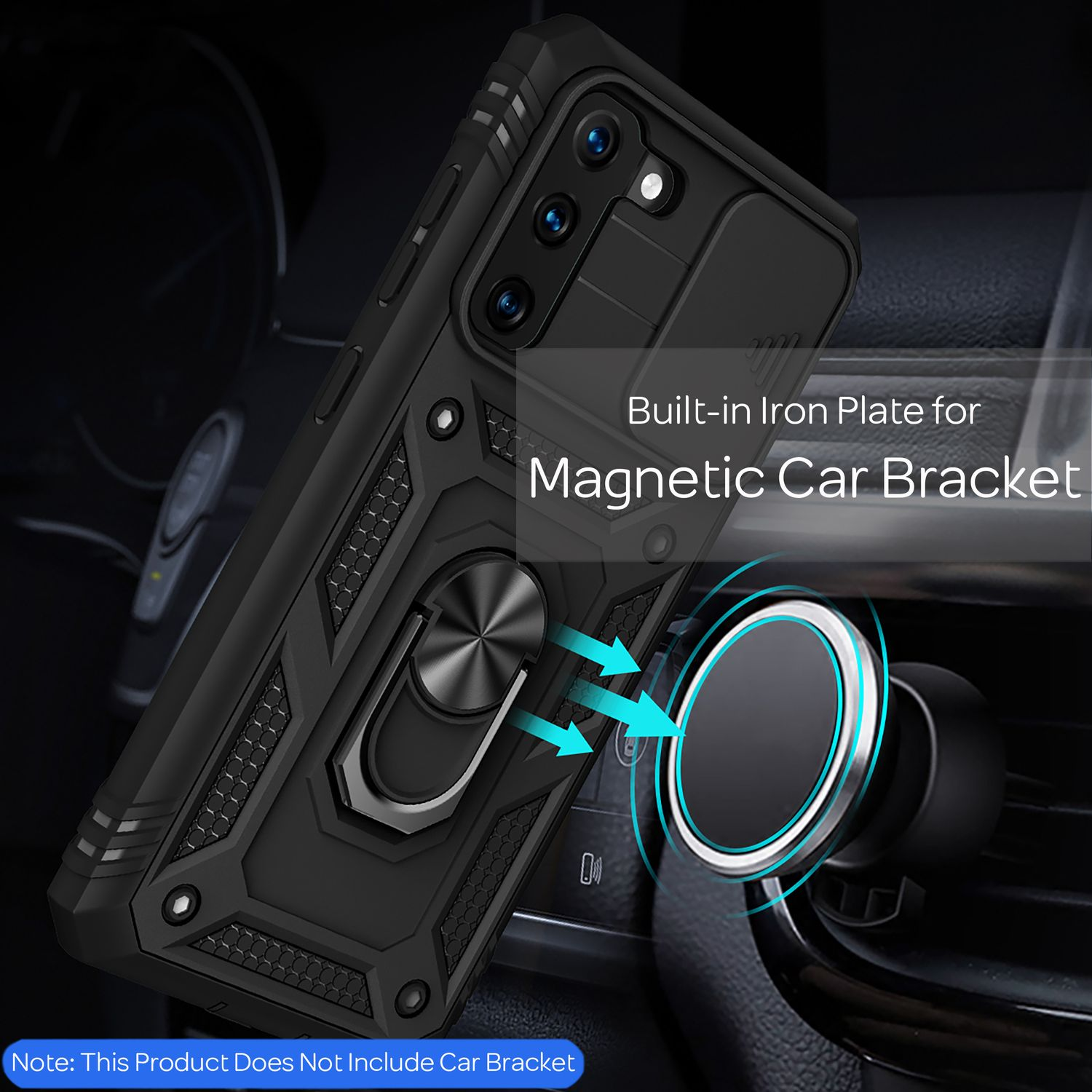 Custodia nera con anello, frecce indicano supporto magnetico per auto. Sfondo sfocato.