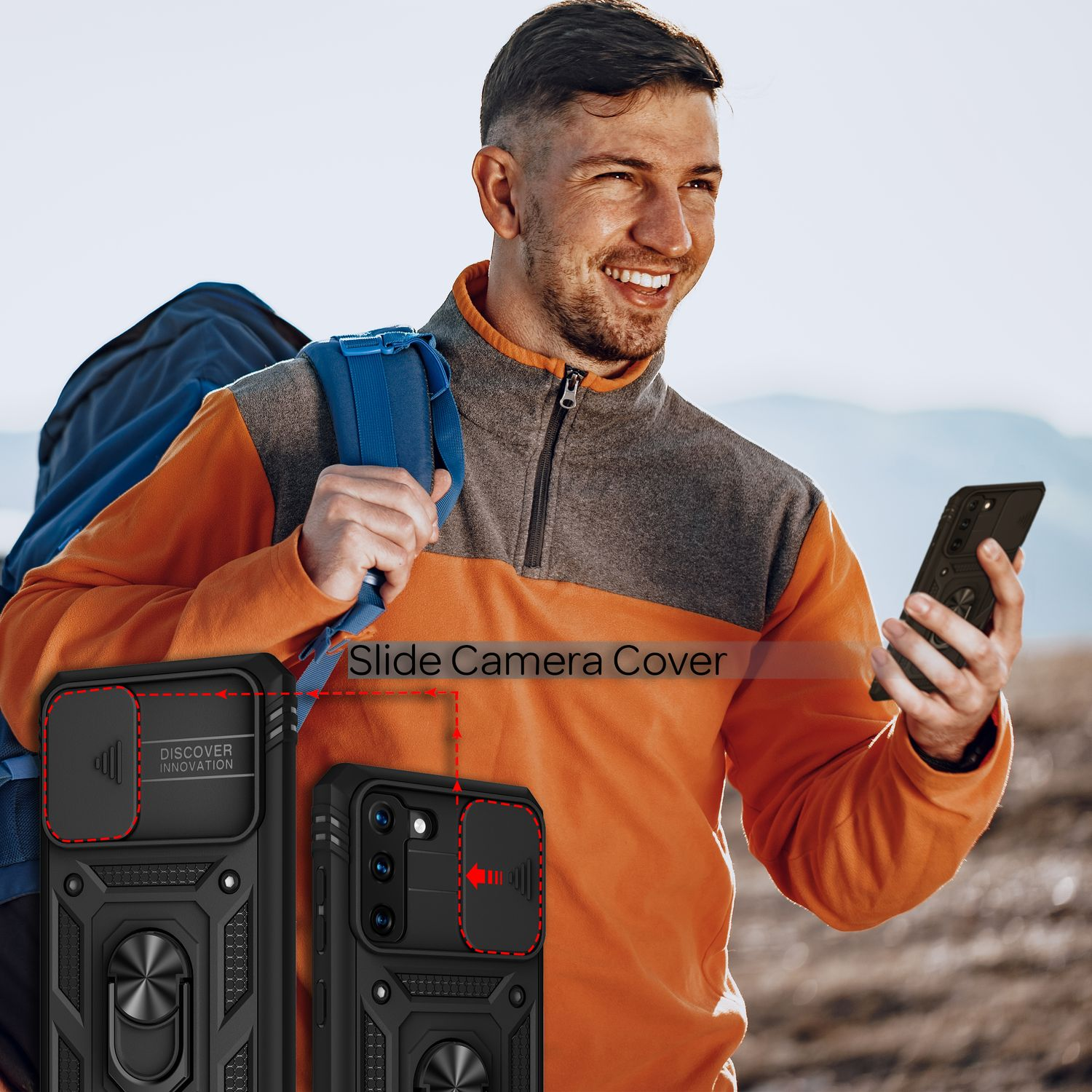 Uomo con telefono con copertura scorrevole della fotocamera. Due custodie con freccia rossa.