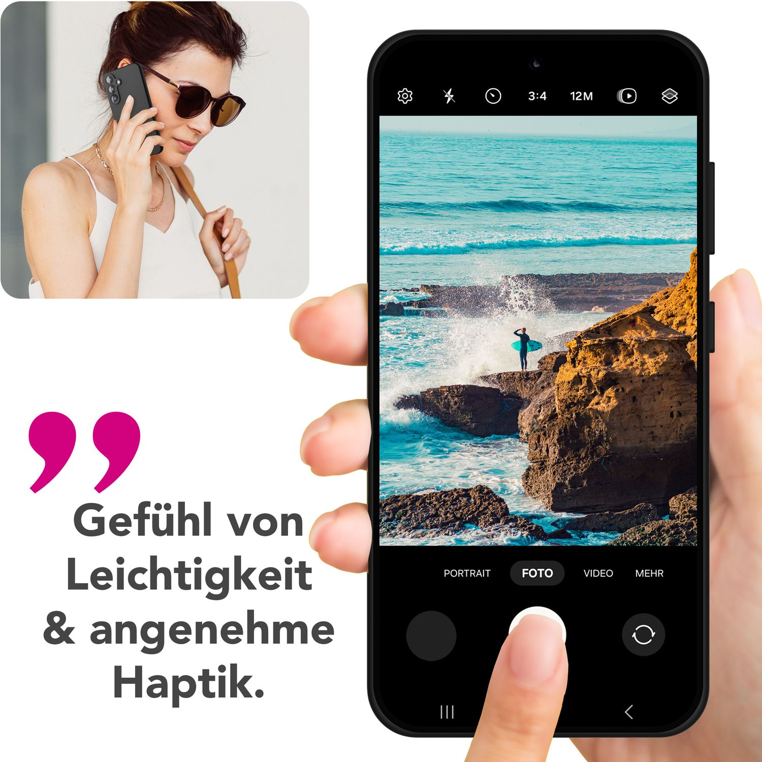 Frau telefoniert, Telefonbild mit Surffoto. Text: Gefühl von Leichtigkeit & angenehme Haptik.