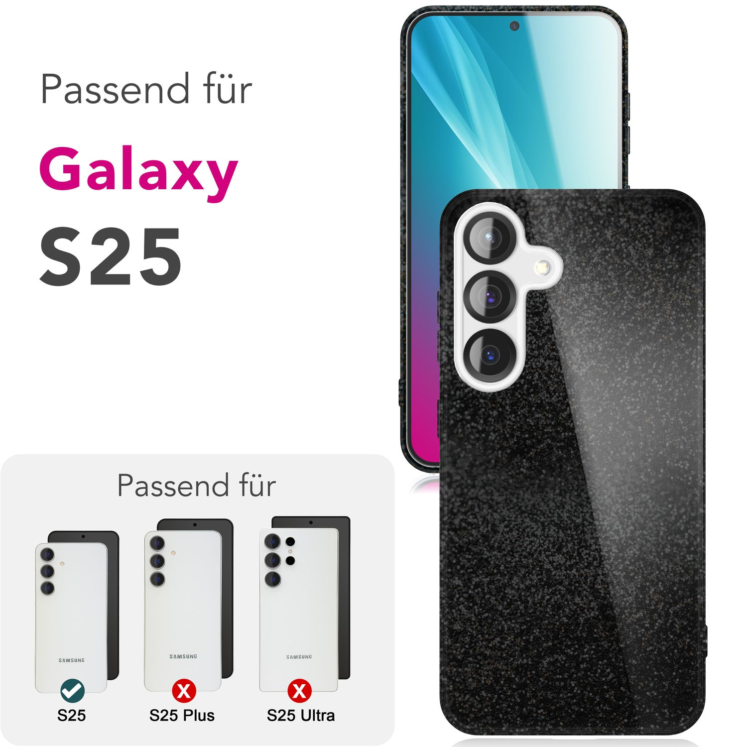 Schwarze Handyhülle mit Telefon. Text zeigt, dass es für Samsung Galaxy S25 passt.