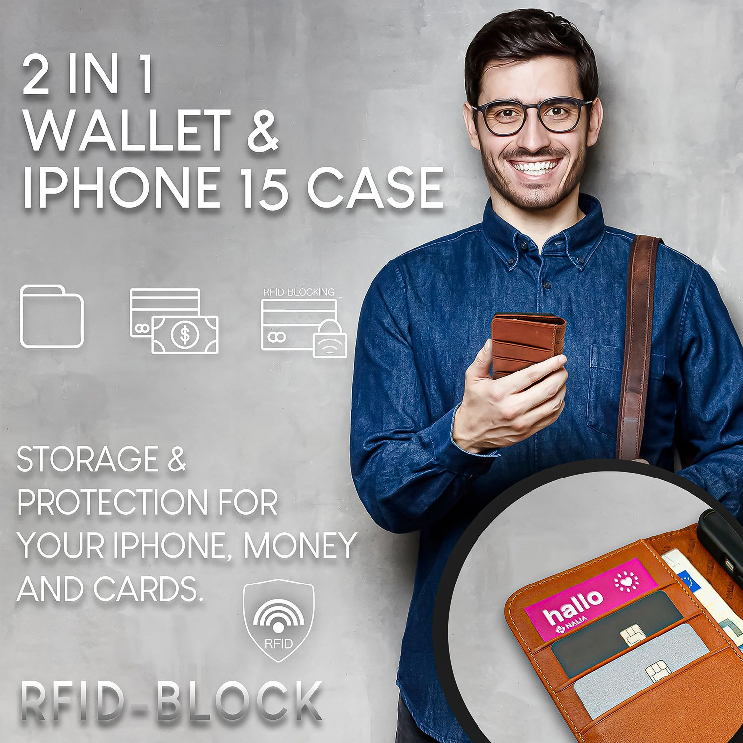 Mann mit Brille hält Geldbörse und Karten, Text: 2 in 1 Geldbörse & iPhone 15.