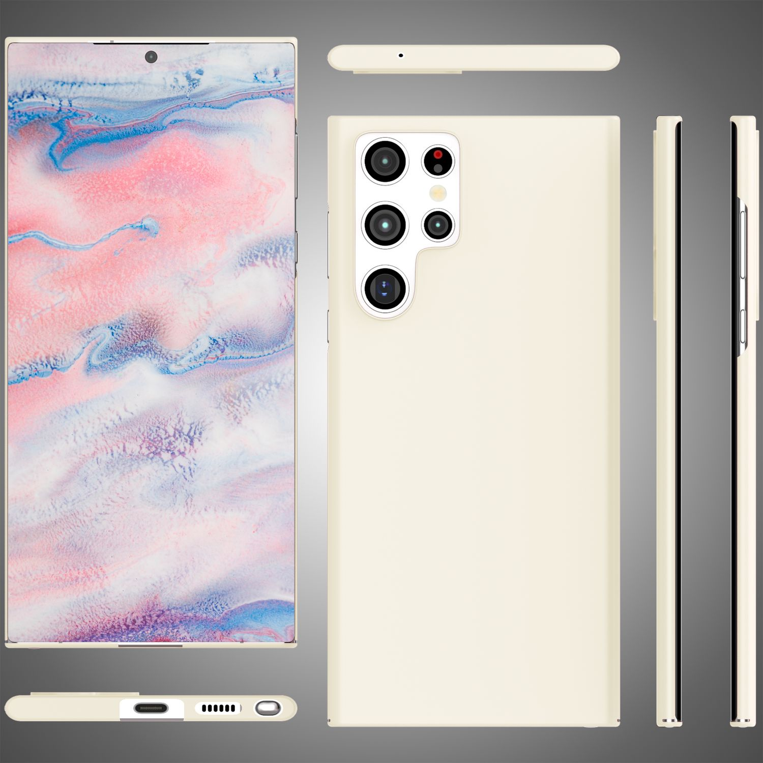 Vorder- und Rückseite eines Smartphones, zeigt die Kameralinsen und ein marmorähnliches Design.