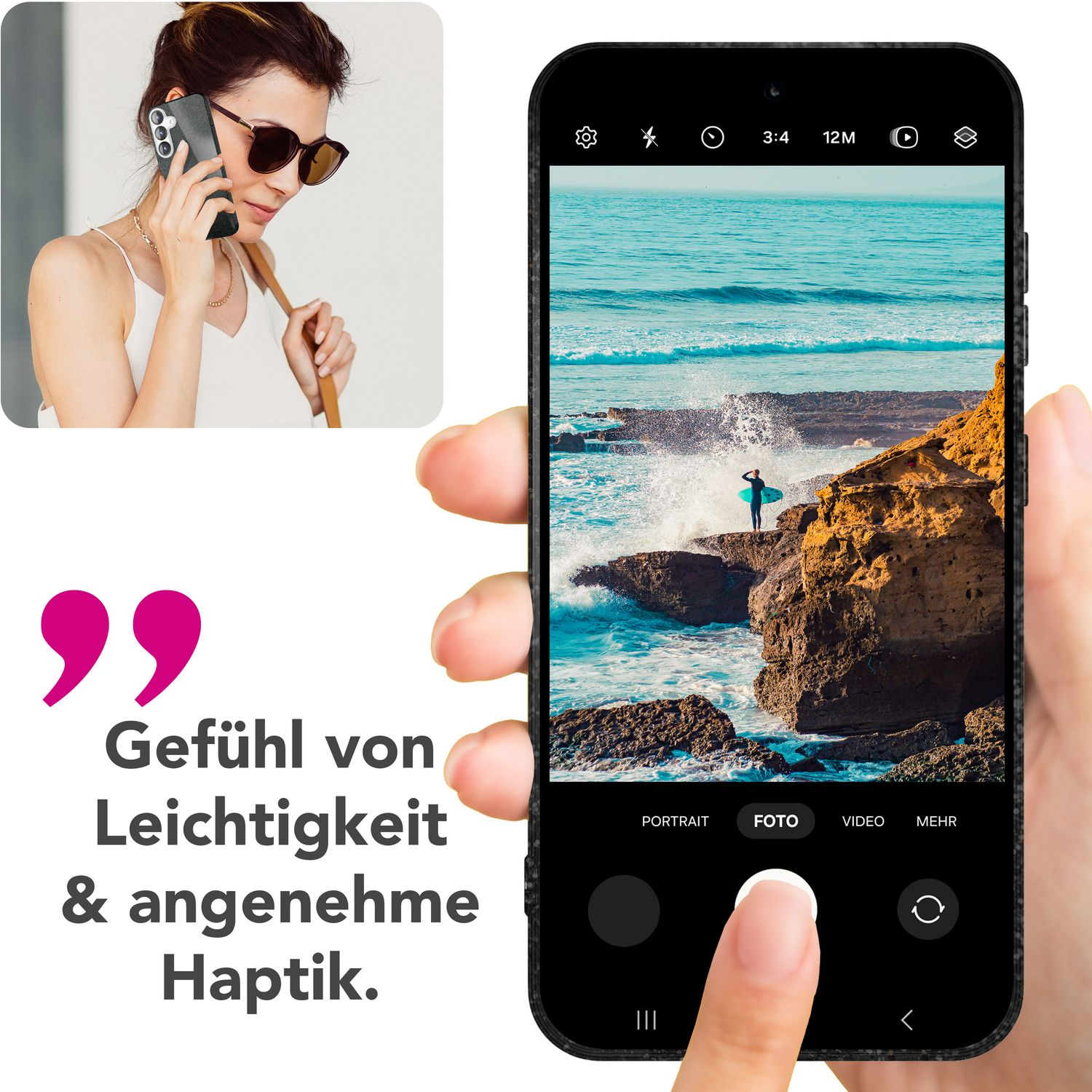 Frau macht ein Foto mit einem Smartphone. Foto eines Surfers. Das Telefon ist schwarz.