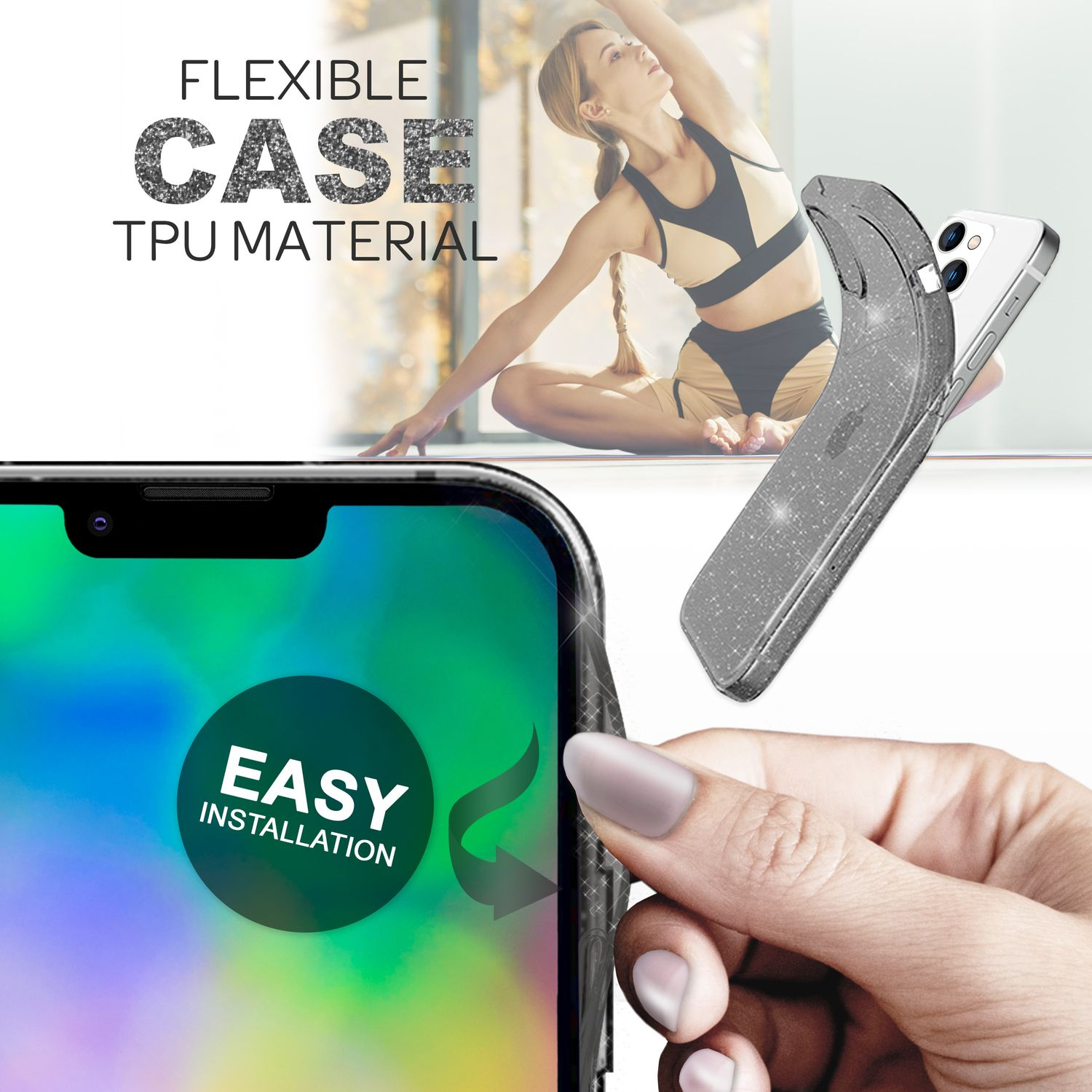 Funda de teléfono flexible con purpurina. Una mujer hace yoga en el fondo. El teléfono tiene fácil instalación.