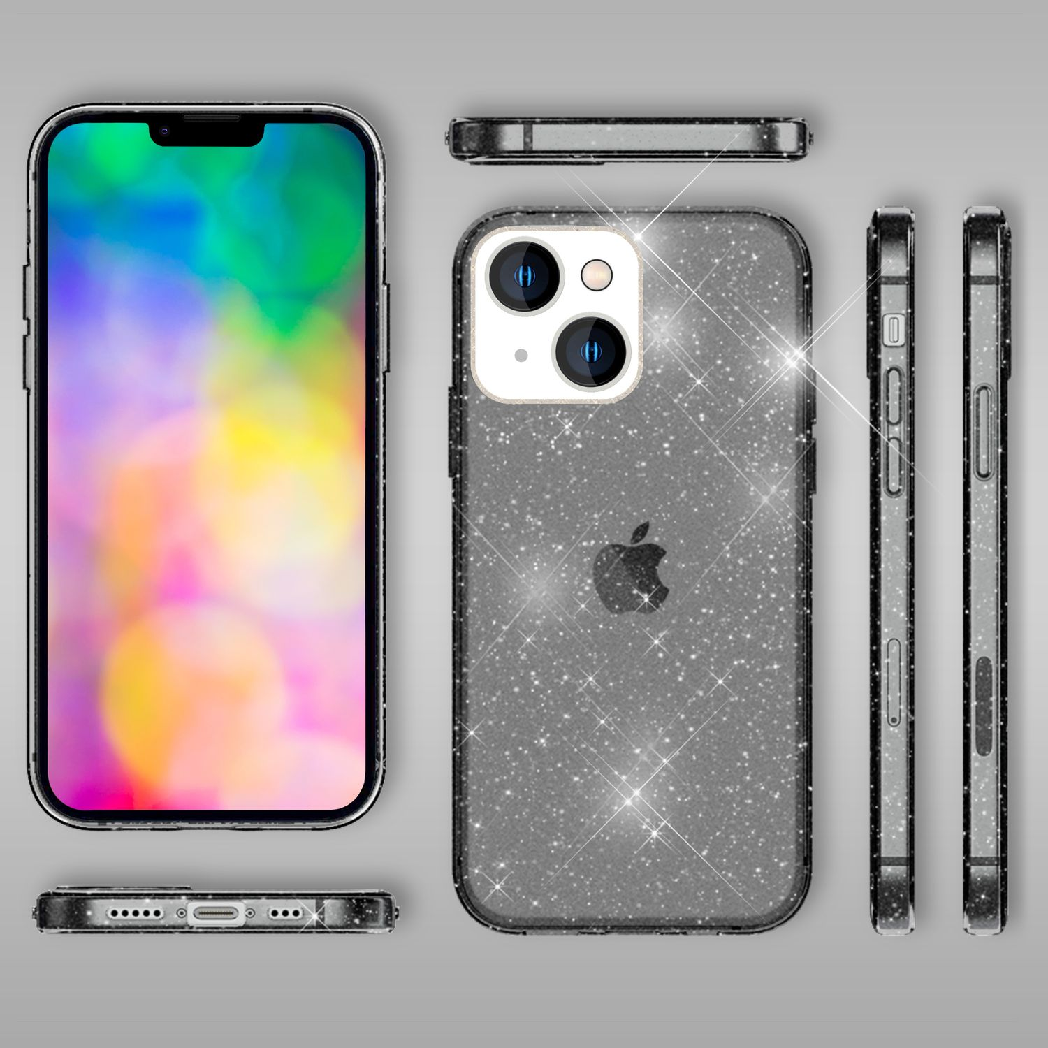 Una funda de teléfono con un teléfono. La funda es negra con purpurina y la pantalla del teléfono es colorida.