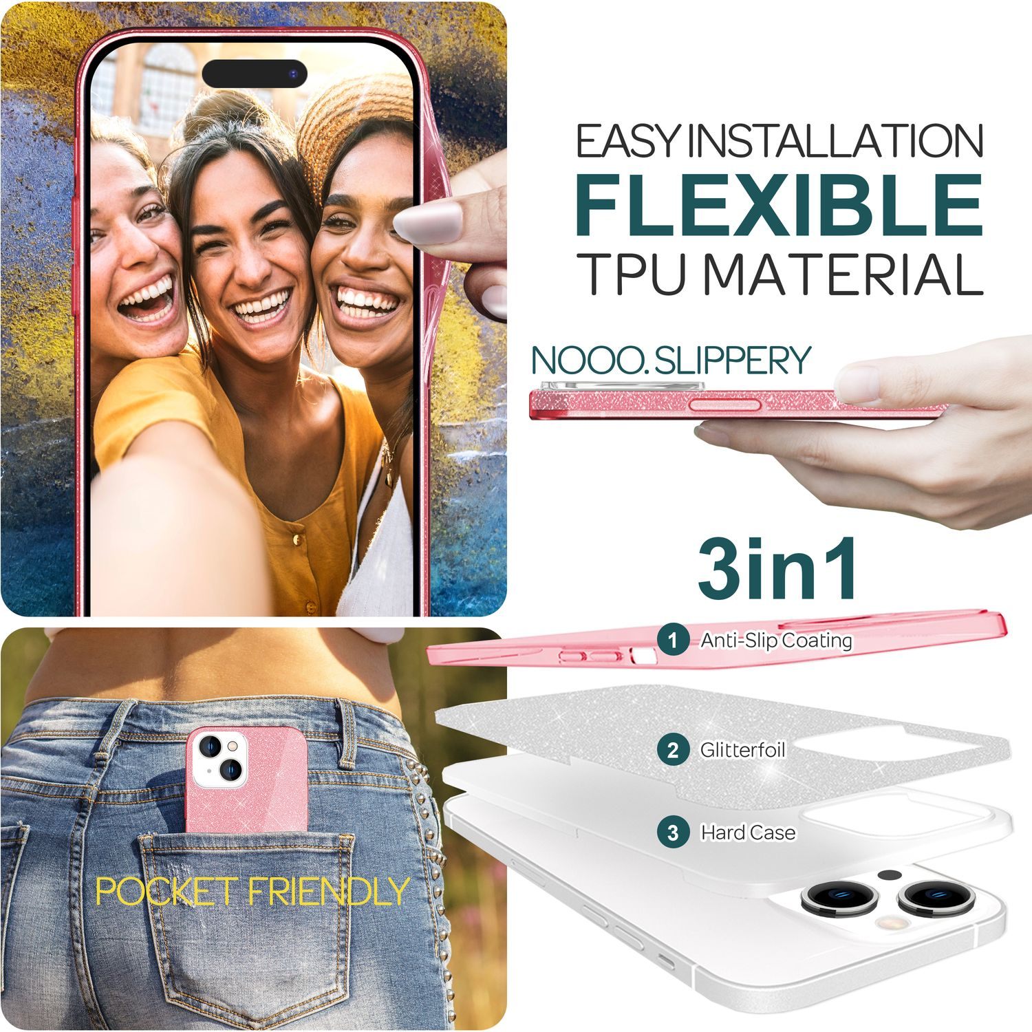 Rosa Handyhülle mit drei Frauen Selfies, sowie Struktur und Eigenschaften der Hülle.