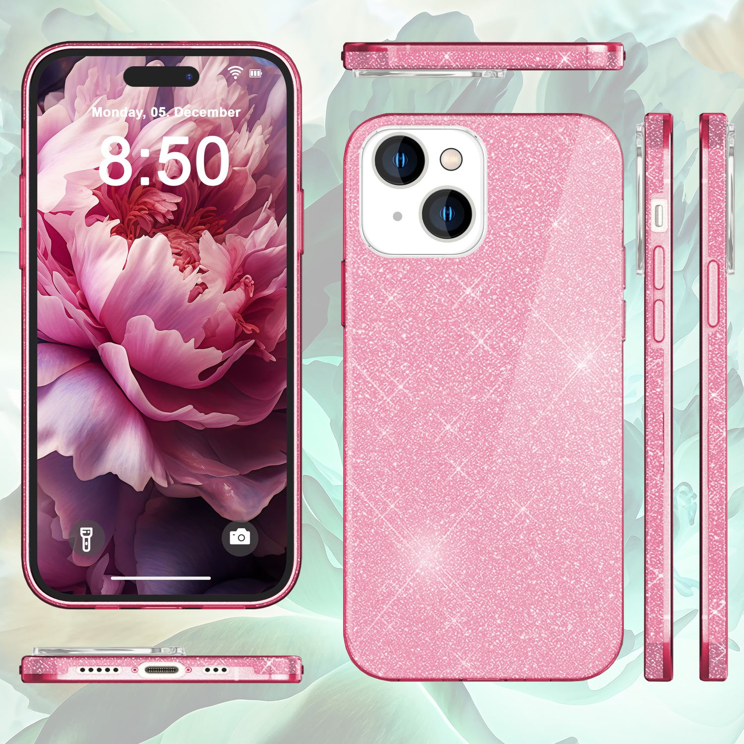 Rosa Handyhülle mit Blume, Ansichten von Handy und Hülle aus verschiedenen Winkeln.