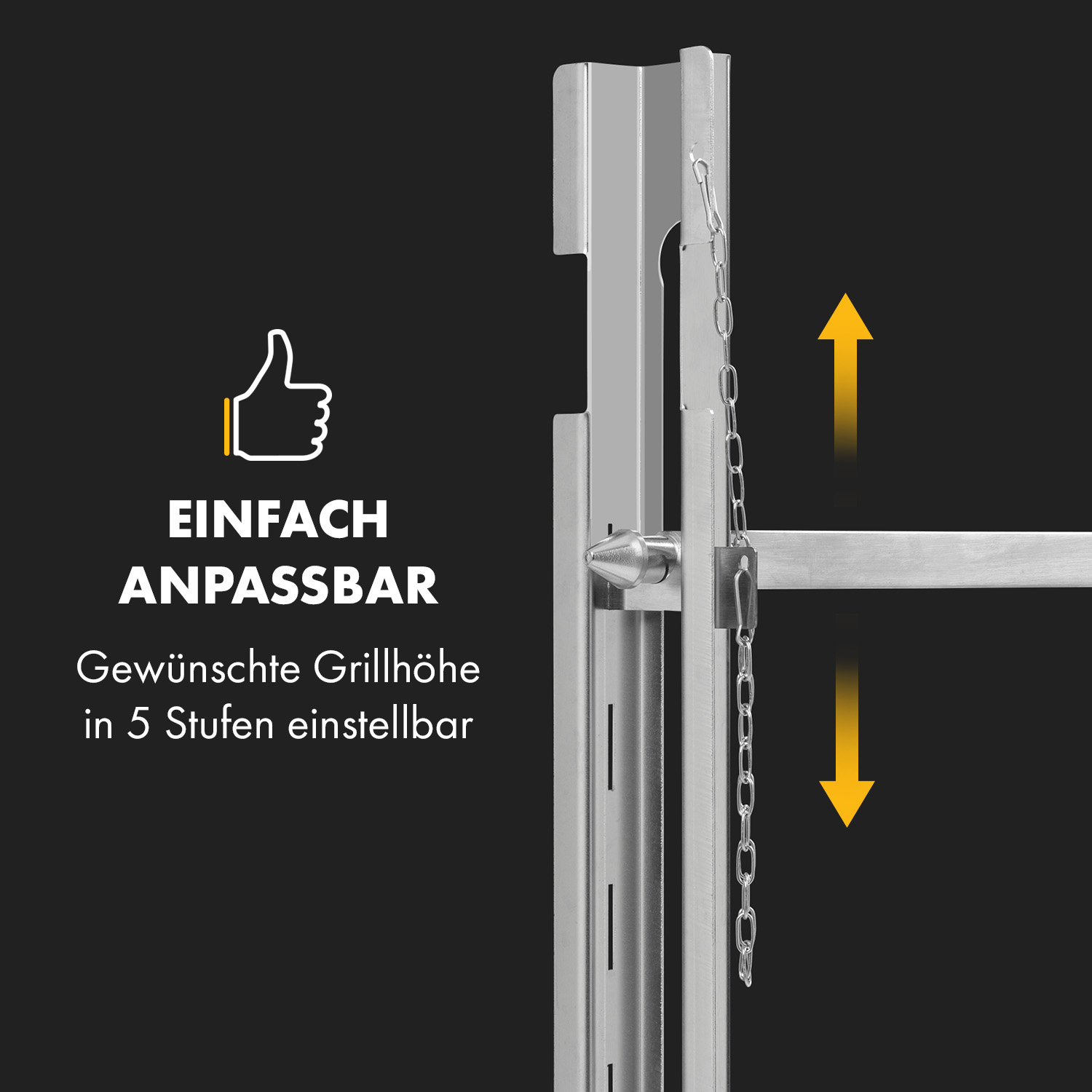 Eine Illustration, die eine Metallstruktur mit einem Daumen-hoch-Symbol und Text zur Grilleinstellung zeigt.